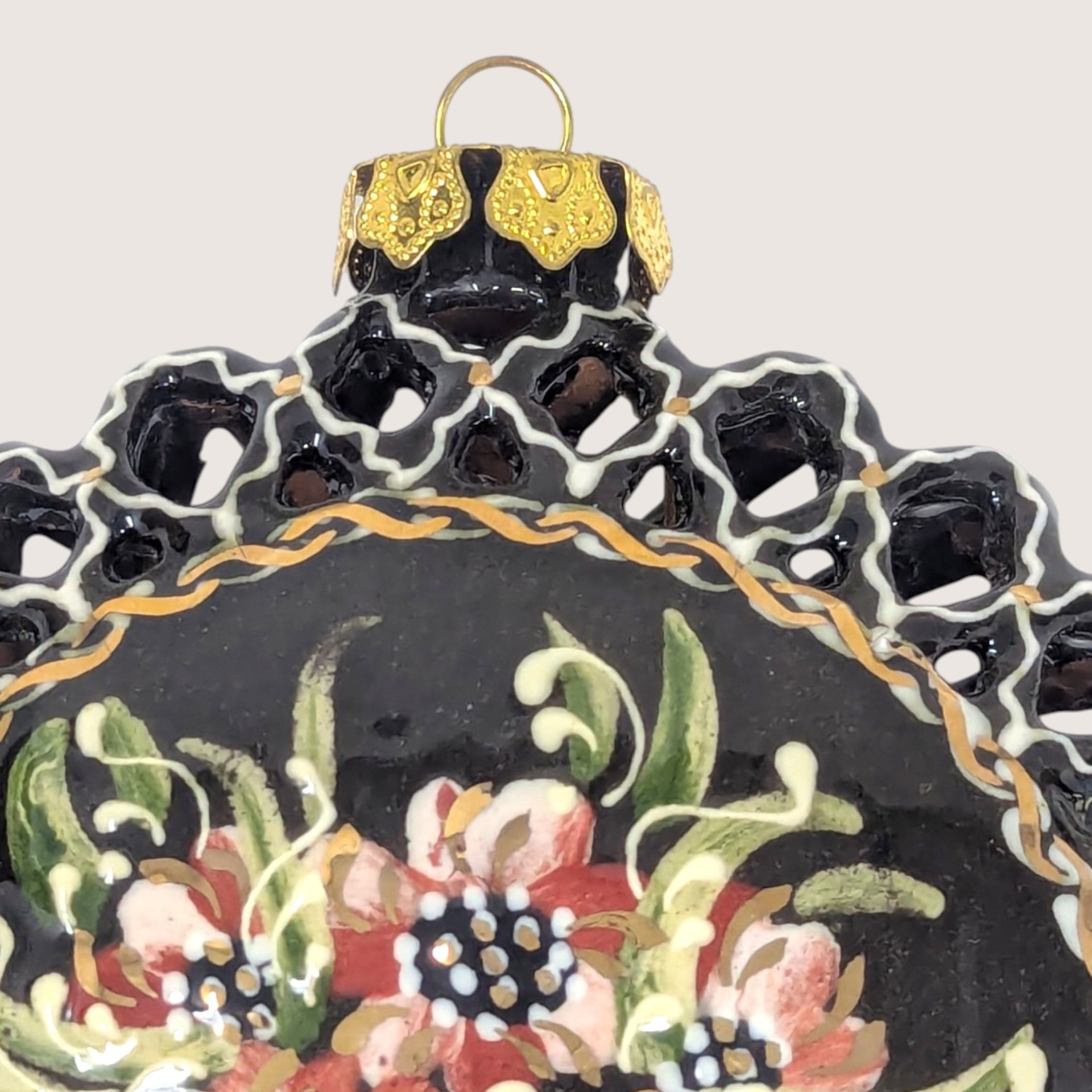Vintage Handpainted Clay Cutwork Floral Christmas Ornament