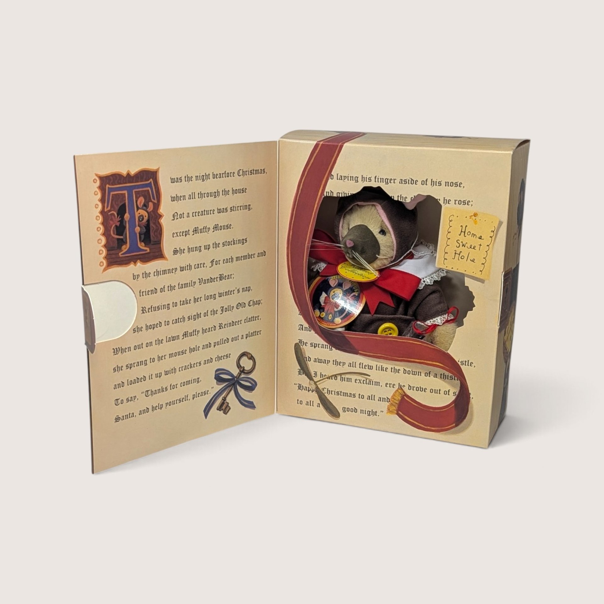 1995 North American Bear Co Muffy Mouse plush toy inside a storybook presentation box titled Twas the Night Bearfore Christmas