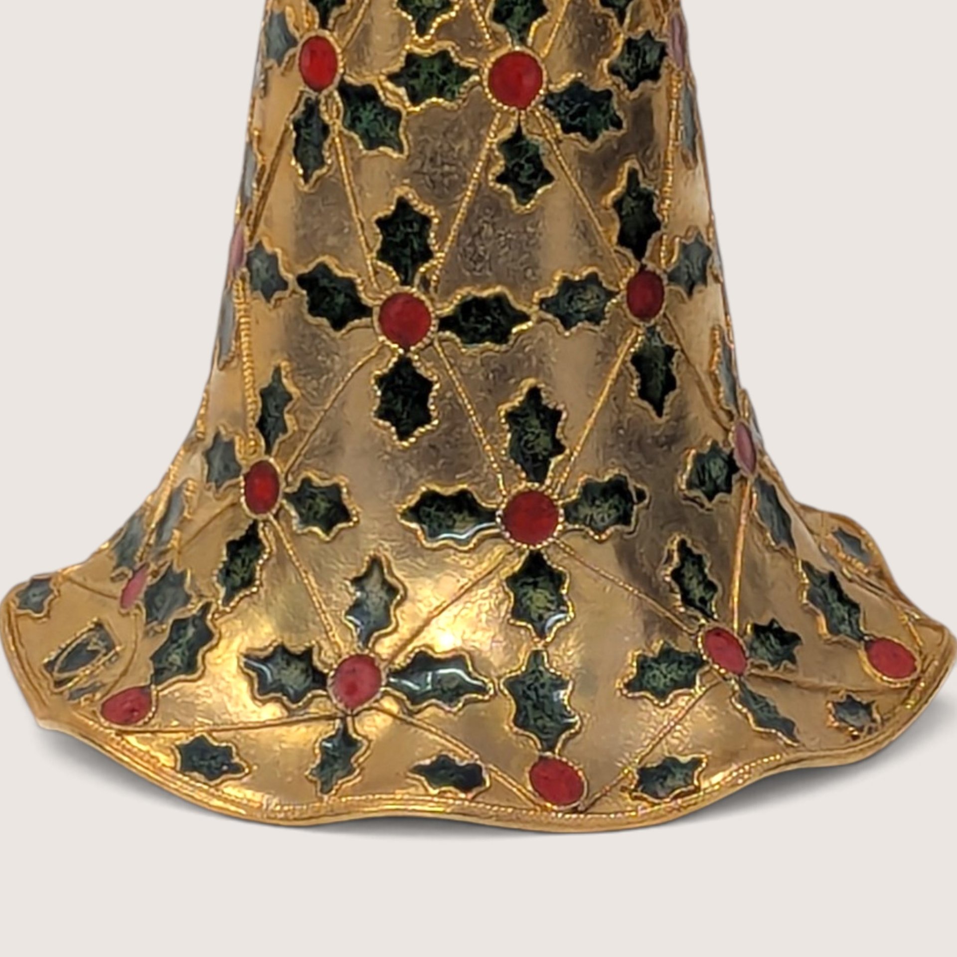 Vintage Enamel Metal Bell Ornament with Holly Leaves