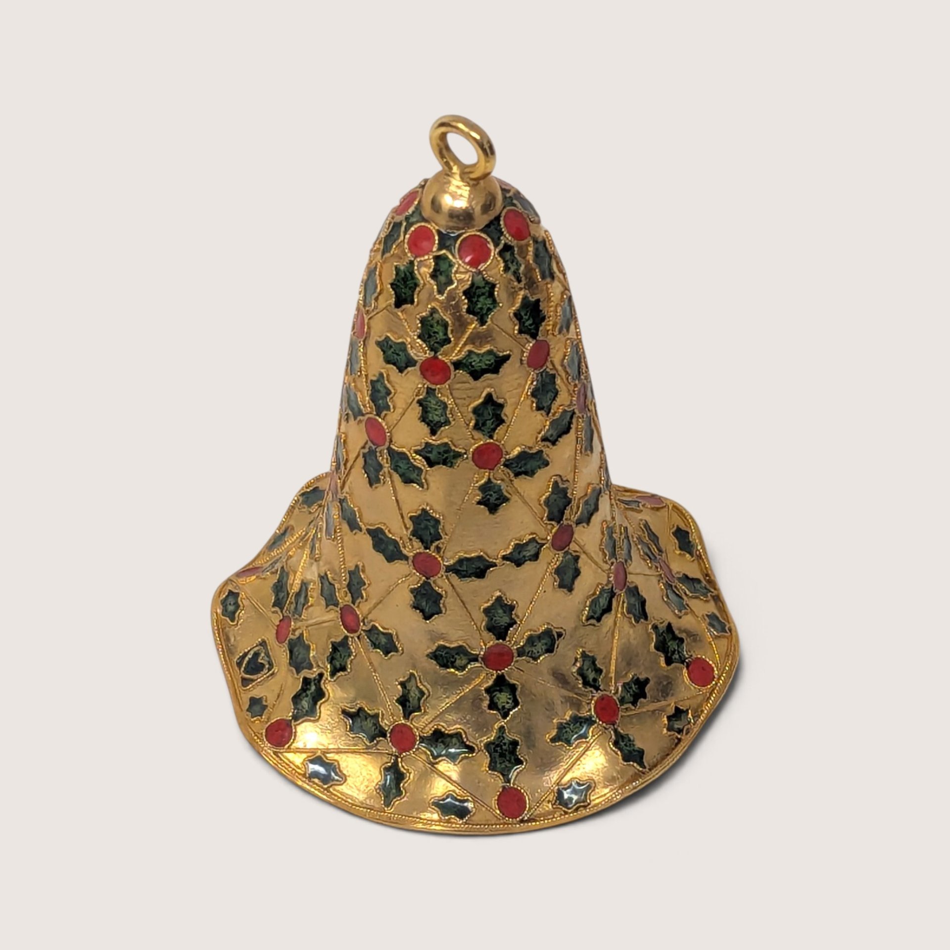 Vintage Enamel Metal Bell Ornament with Holly Leaves
