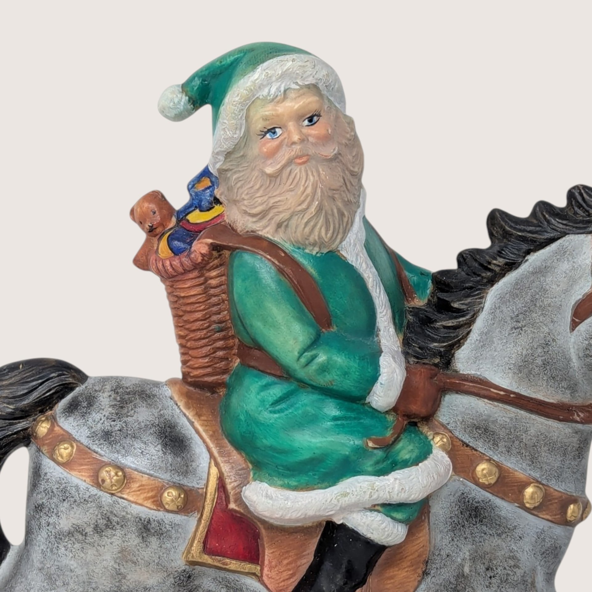 Vintage Green Santa on Rocking Horse Ceramic Figurine