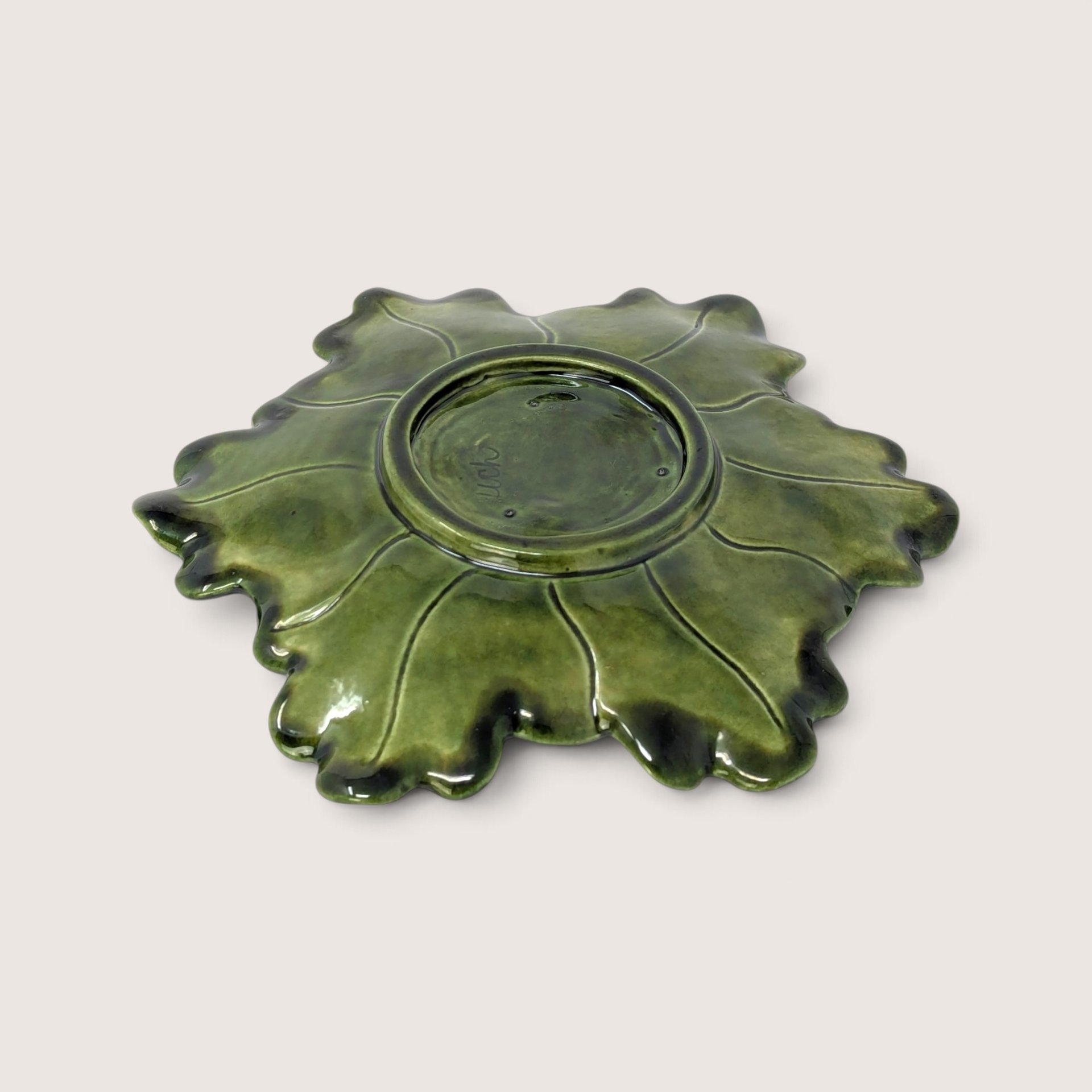 Vintage Green Leaf Majolica Style Ceramic Plate