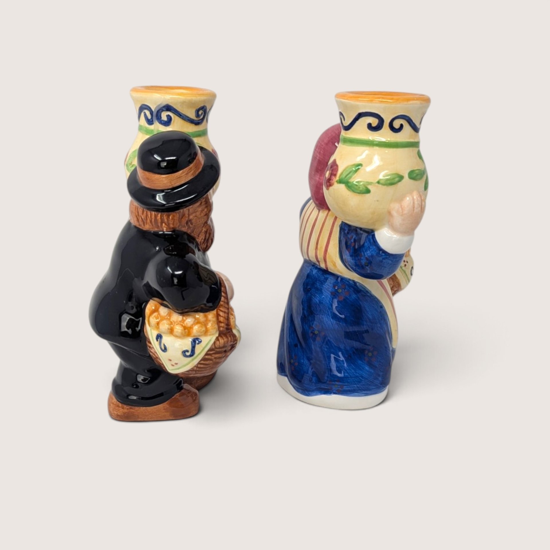 Vintage Lotus Handcrafted Ceramic Thanksgiving Pilgrim Candle Holders