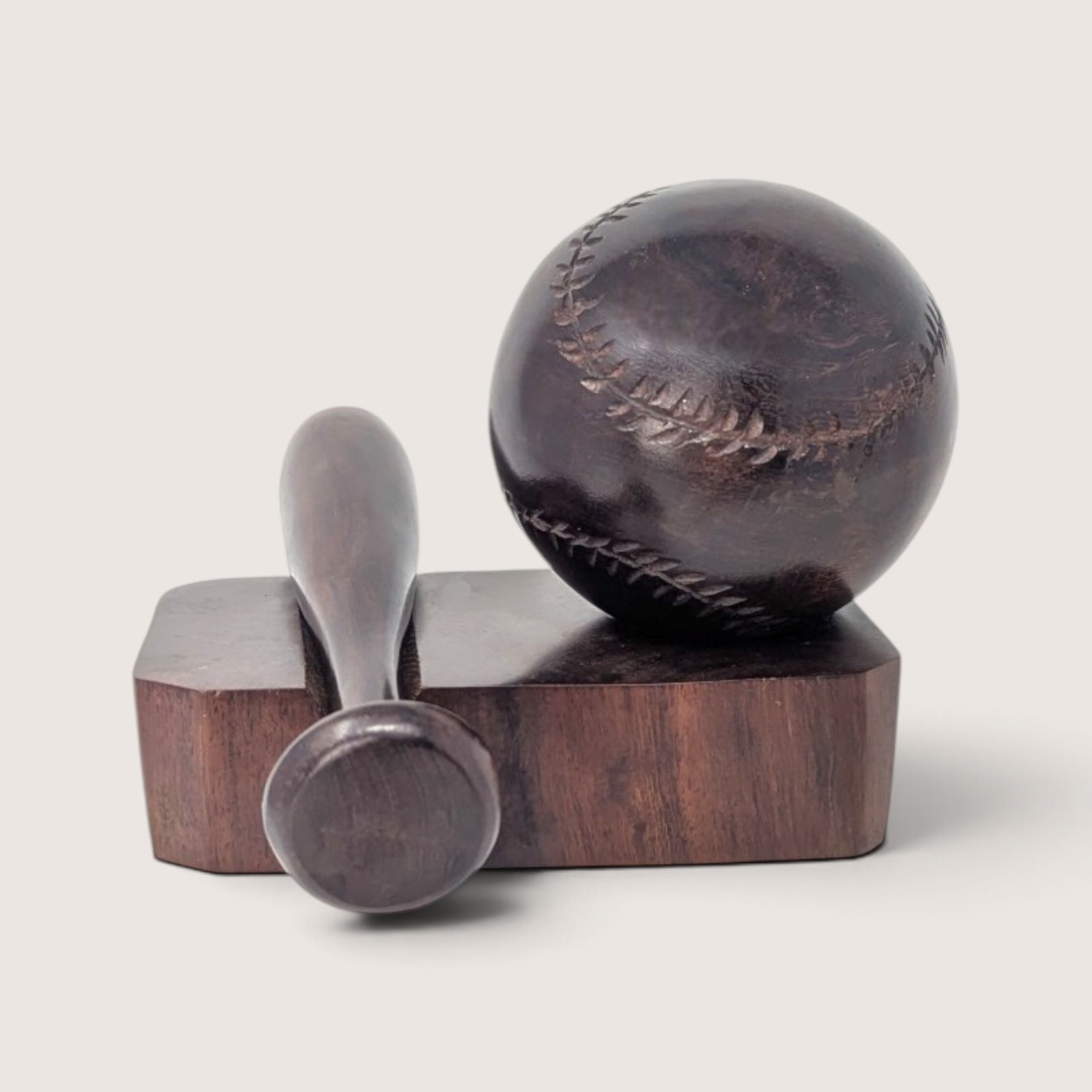 Vintage Hand Carved Wooden Baseball and Bat Figurine