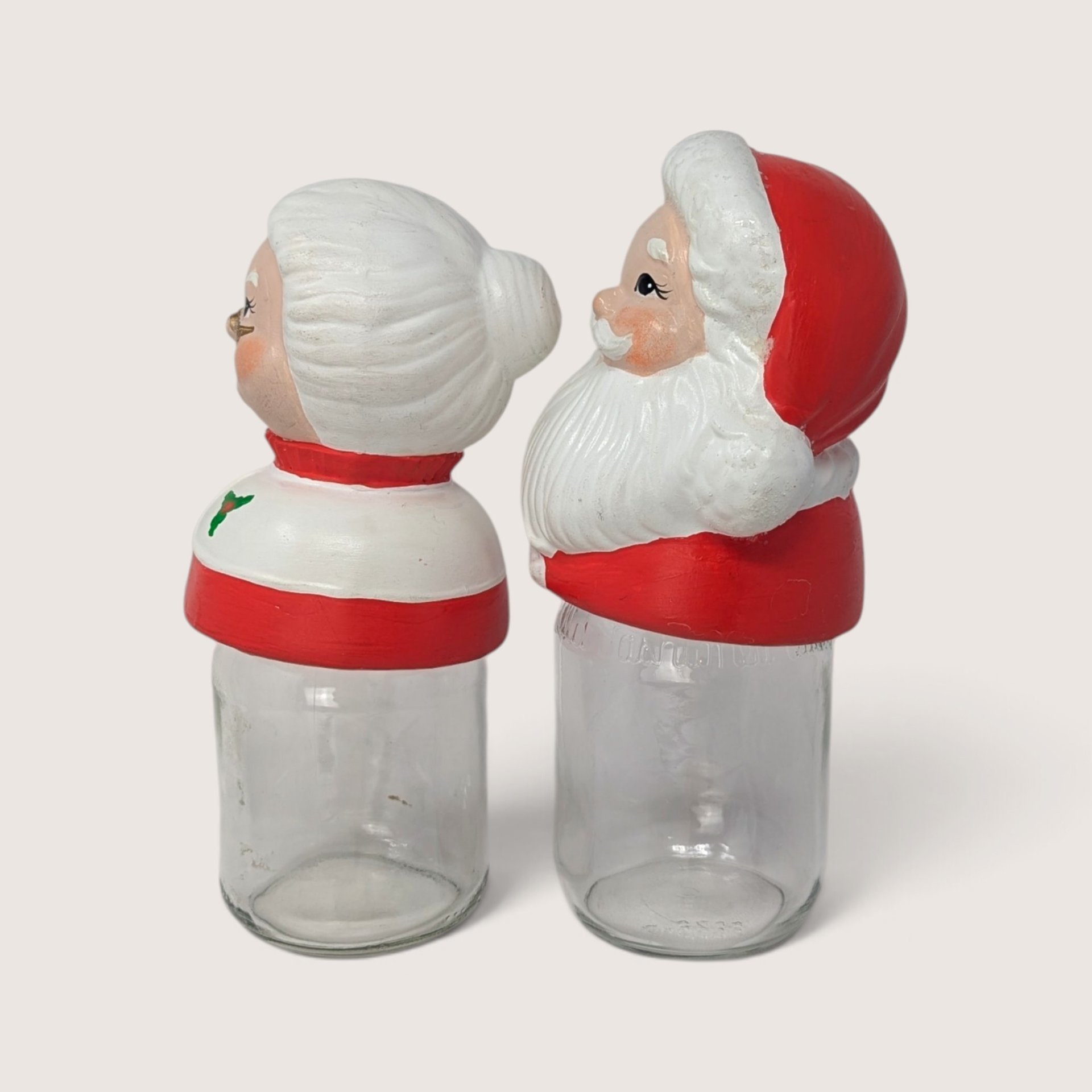 Vintage Ceramic Mr And Mrs Claus Mason Jar Topper Set With Glass Bases