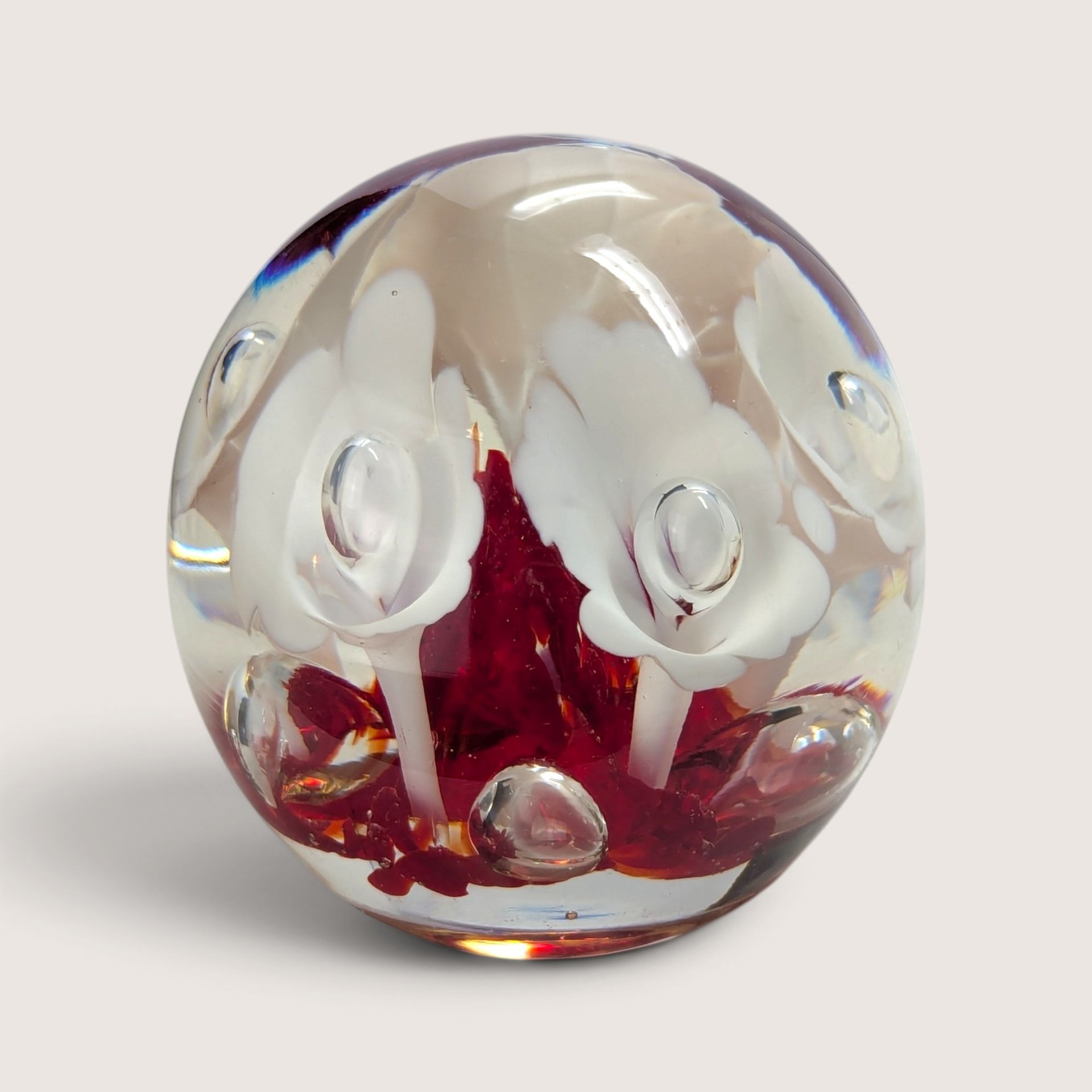 Vintage Red and White Glass Flower Paperweight