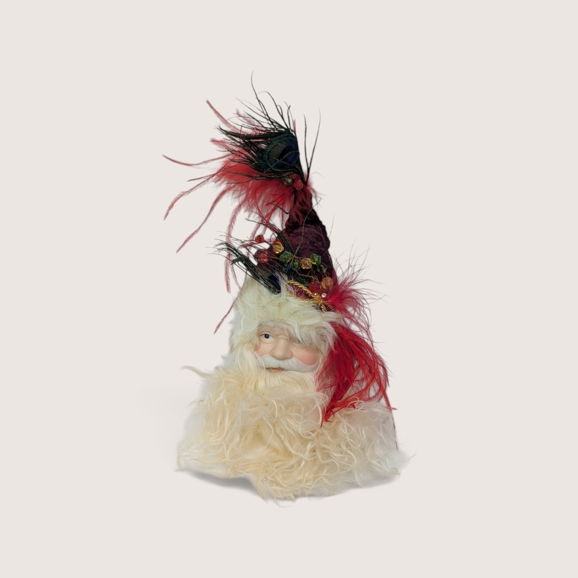 Vintage Set Of 3 Santa Head Feather Hat Ornaments Shelf Sitters