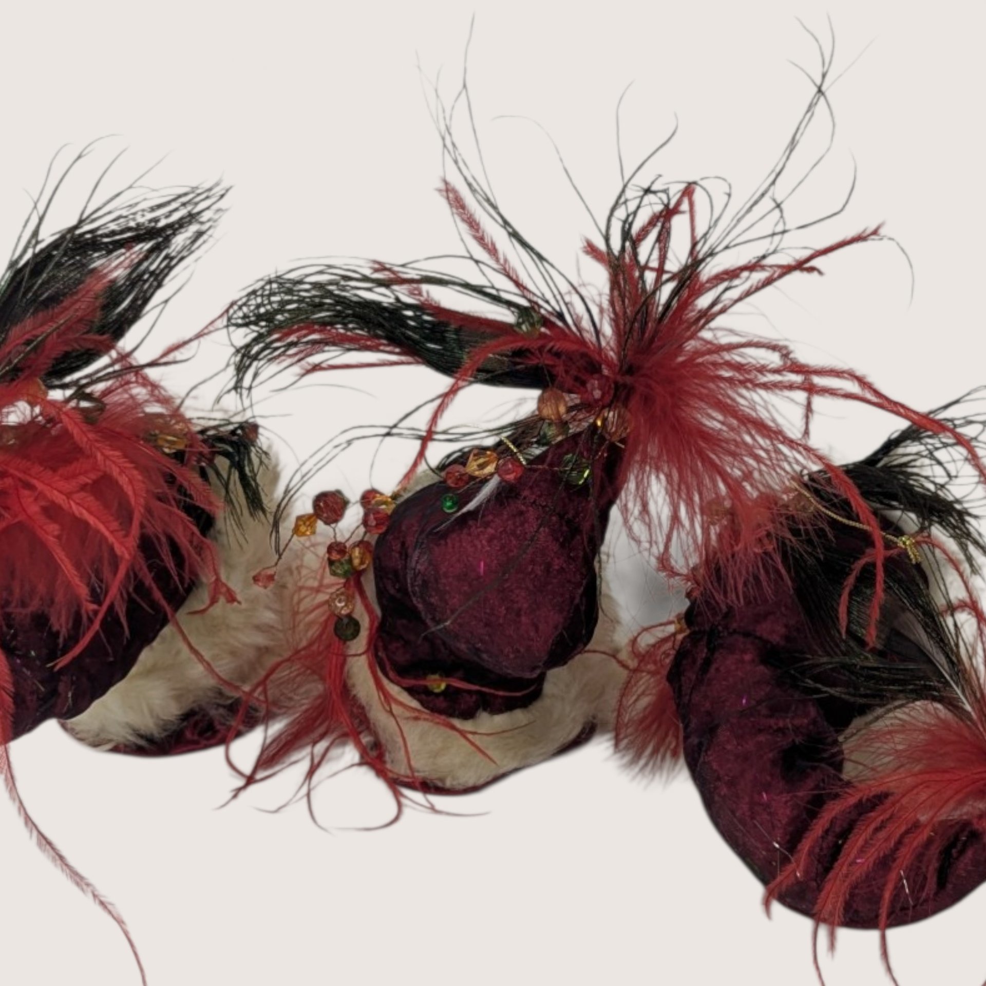 Vintage Set Of 3 Santa Head Feather Hat Ornaments Shelf Sitters