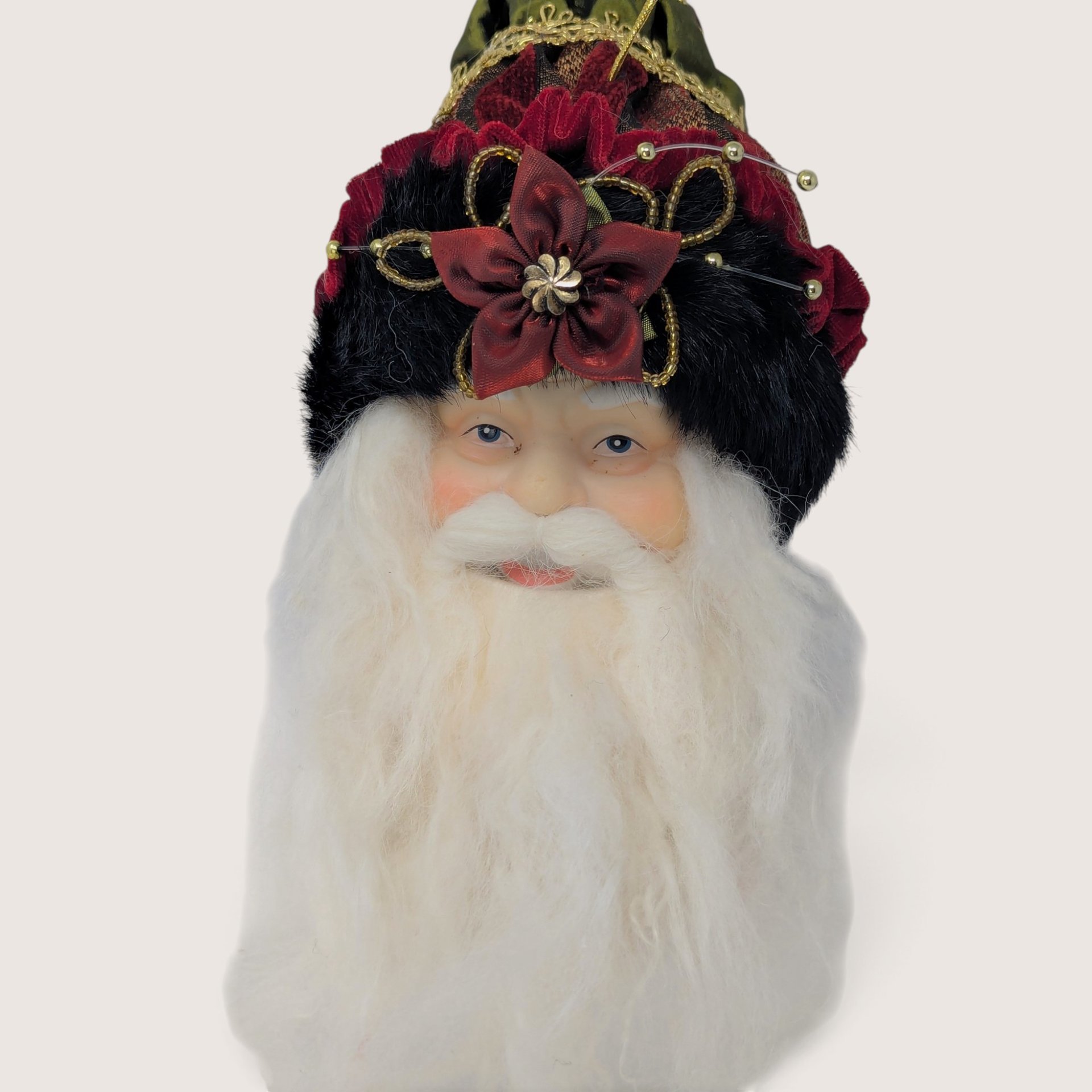 Vintage Santa Head Ornament Ornate Velvet Flower Hat