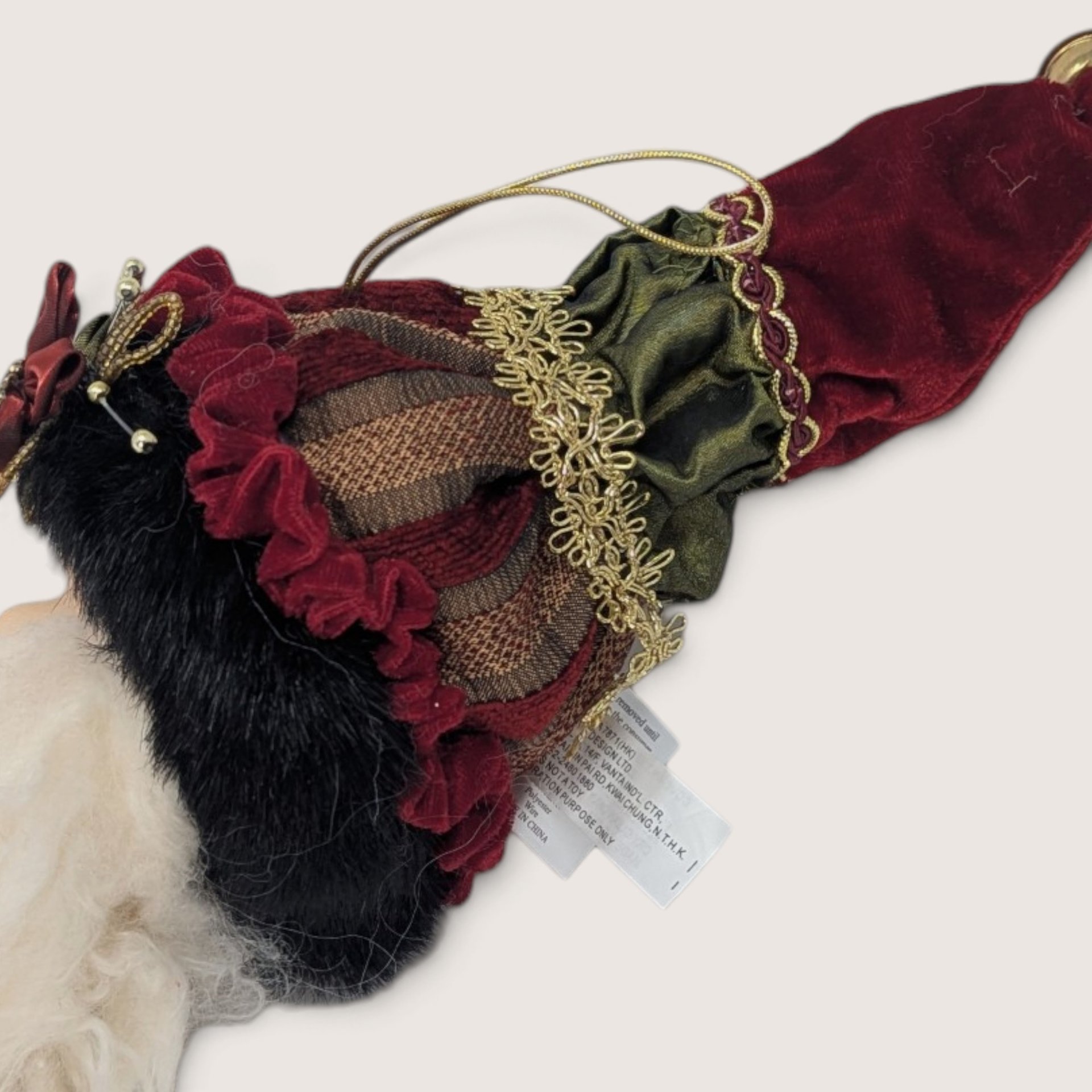 Vintage Santa Head Ornament Ornate Velvet Flower Hat