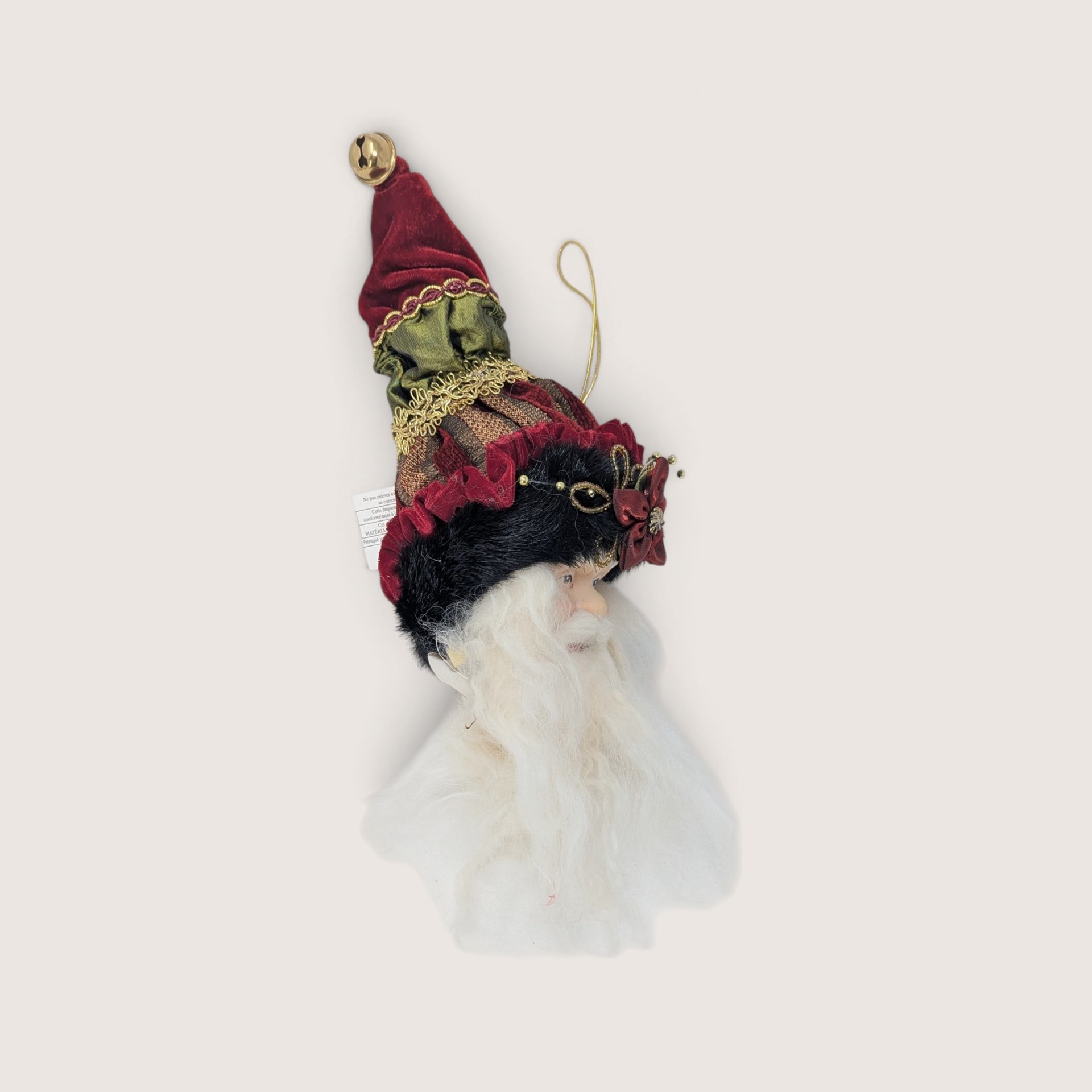 Vintage Santa Head Ornament Ornate Velvet Flower Hat
