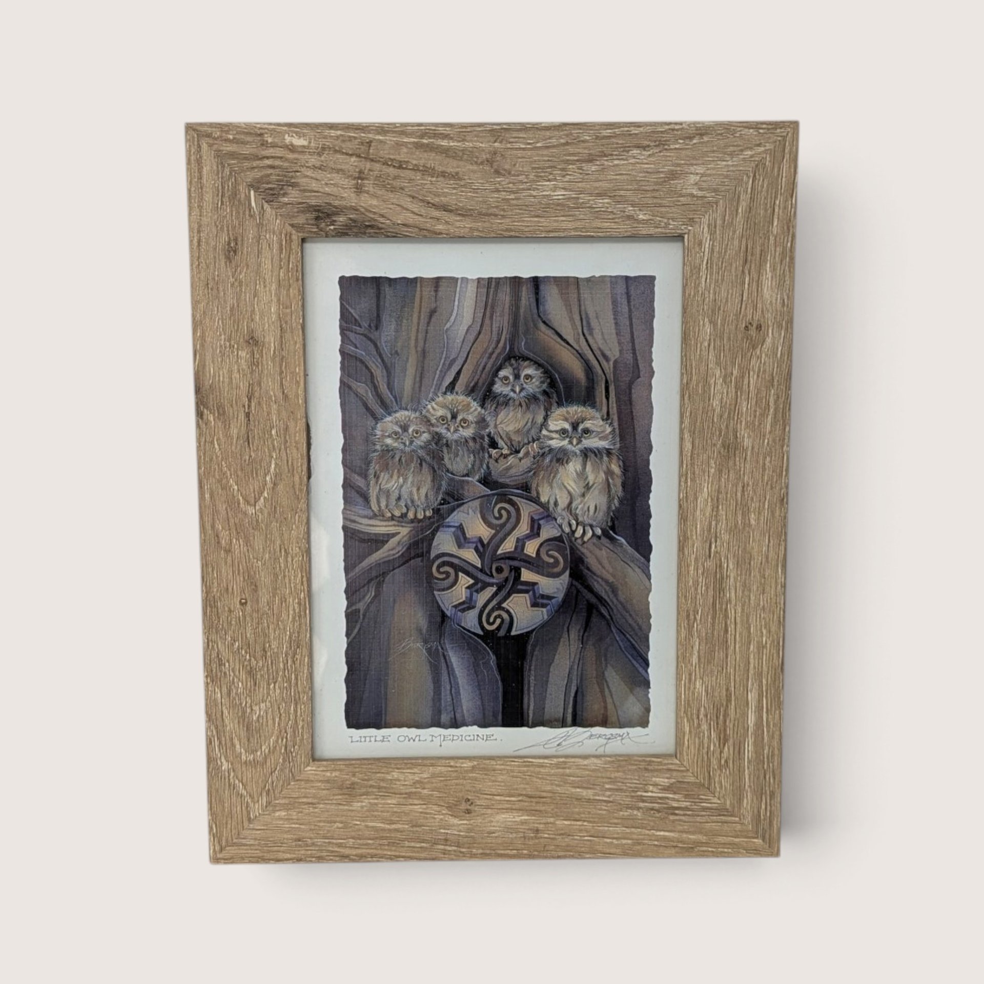 Vintage framed art print titled Little Owl Medicine by artist Jody Bergsma featuring four small owls in a tree.