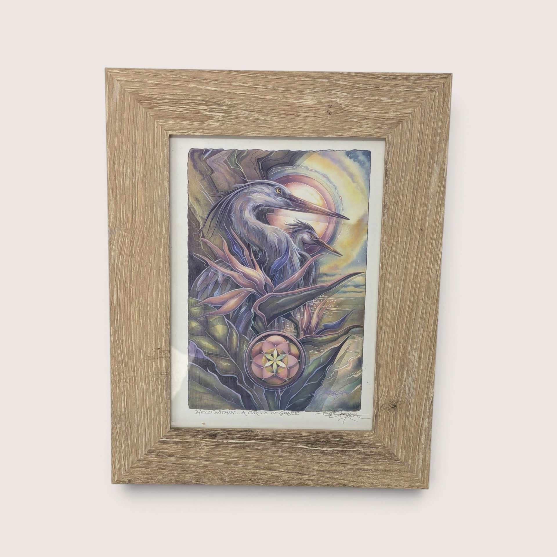 Vintage framed art print titled Held Within A Circle of Grace by Jody Bergsma featuring majestic herons.