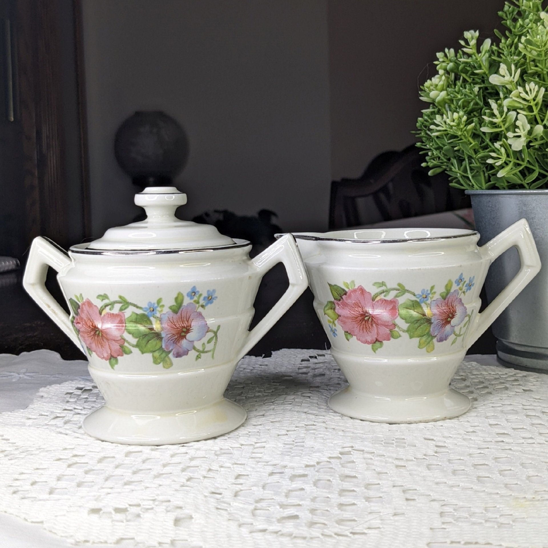 Hall's Superior Kitchenware Quality Pink Petunia Sugar & Creamer