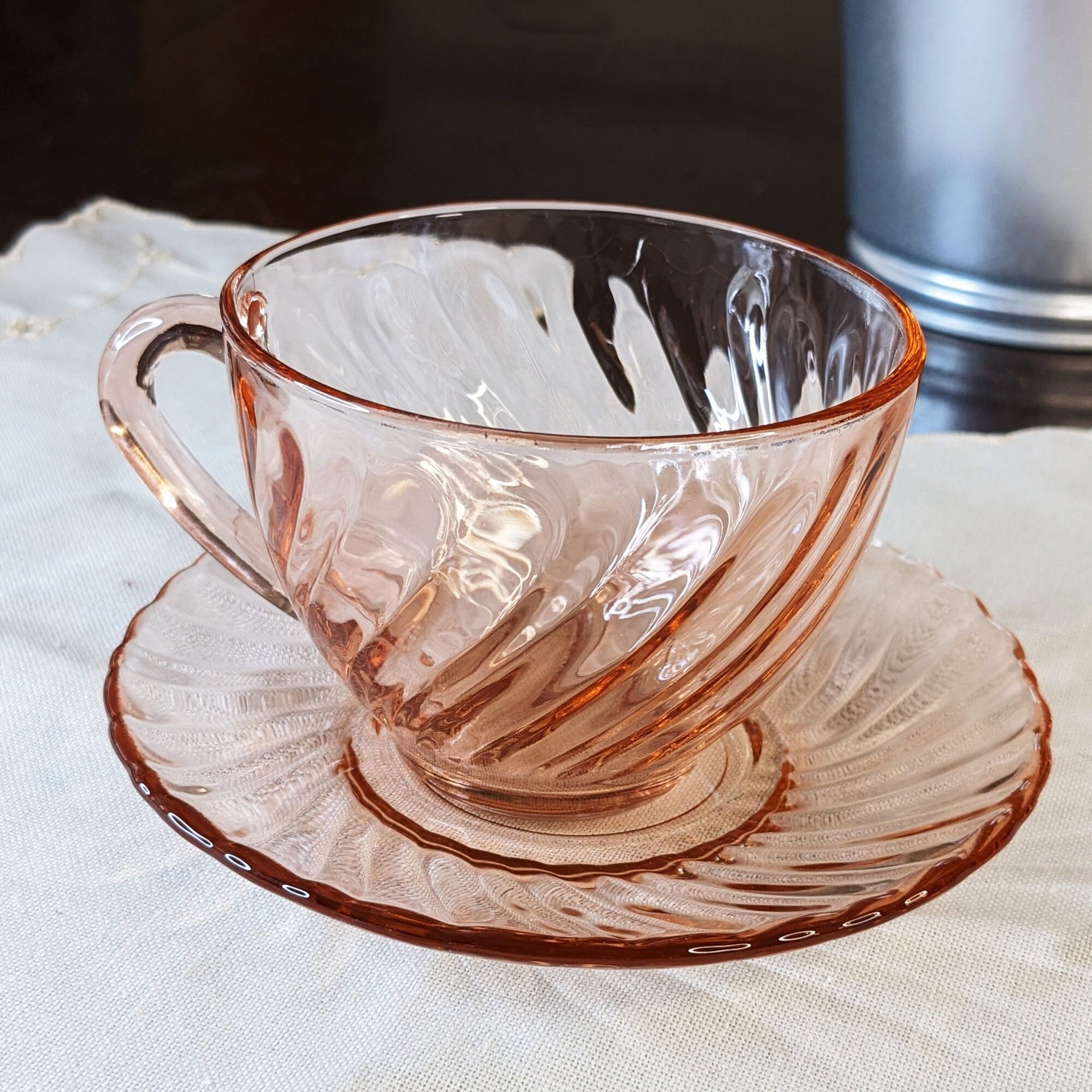 Arcoroc of France Rosaline Pink Swirl Tea Cups and Saucers, Set of 2