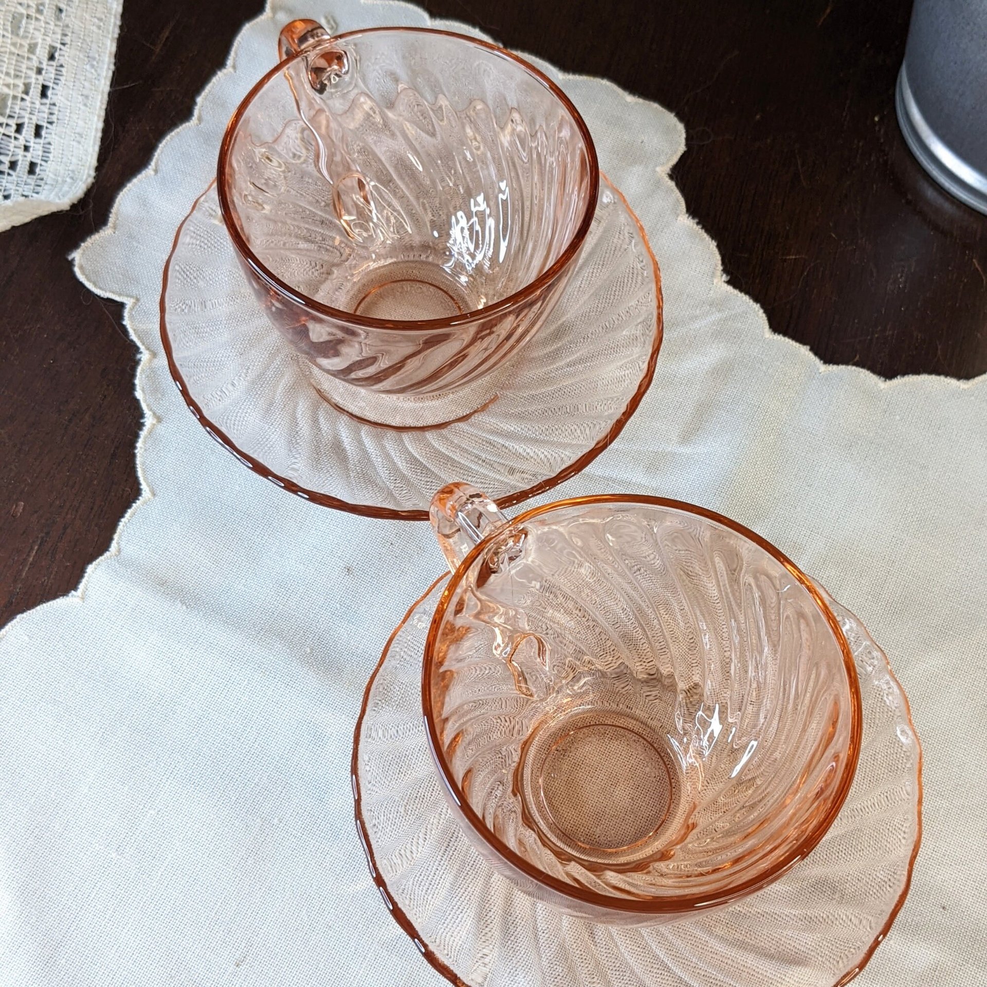 Arcoroc of France Rosaline Pink Swirl Tea Cups and Saucers, Set of 2