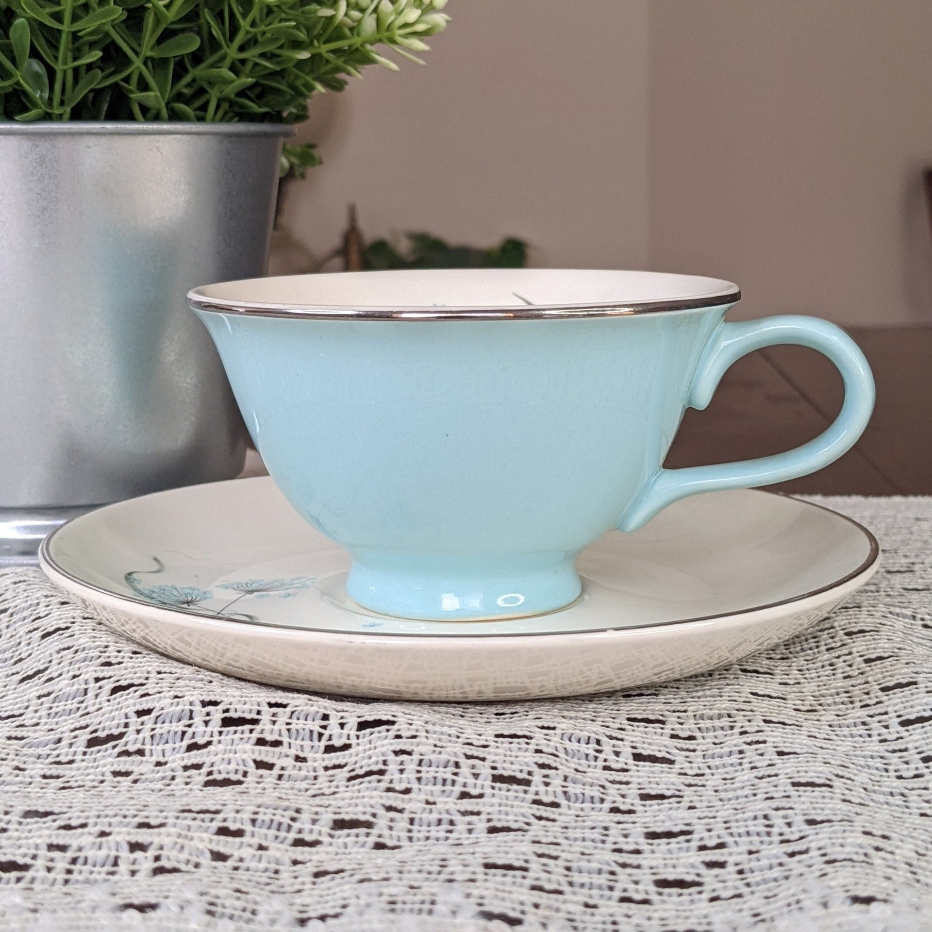 Vintage 1958 Taylor Smith Blue Dandelion Cup and Saucer Set