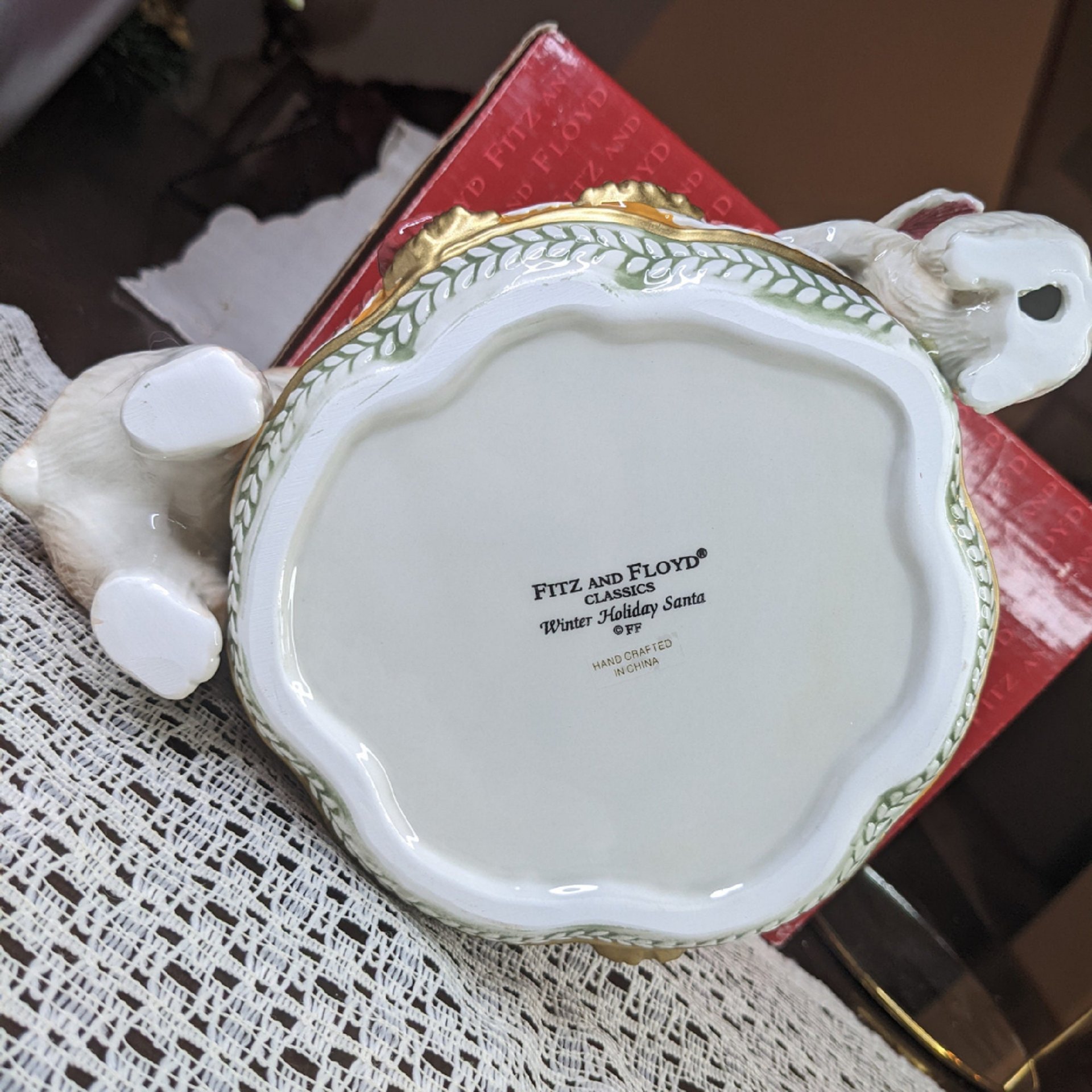 Fitz and Floyd Winter Holiday Santa Bear & Bunny Tidbit Dish Bowl