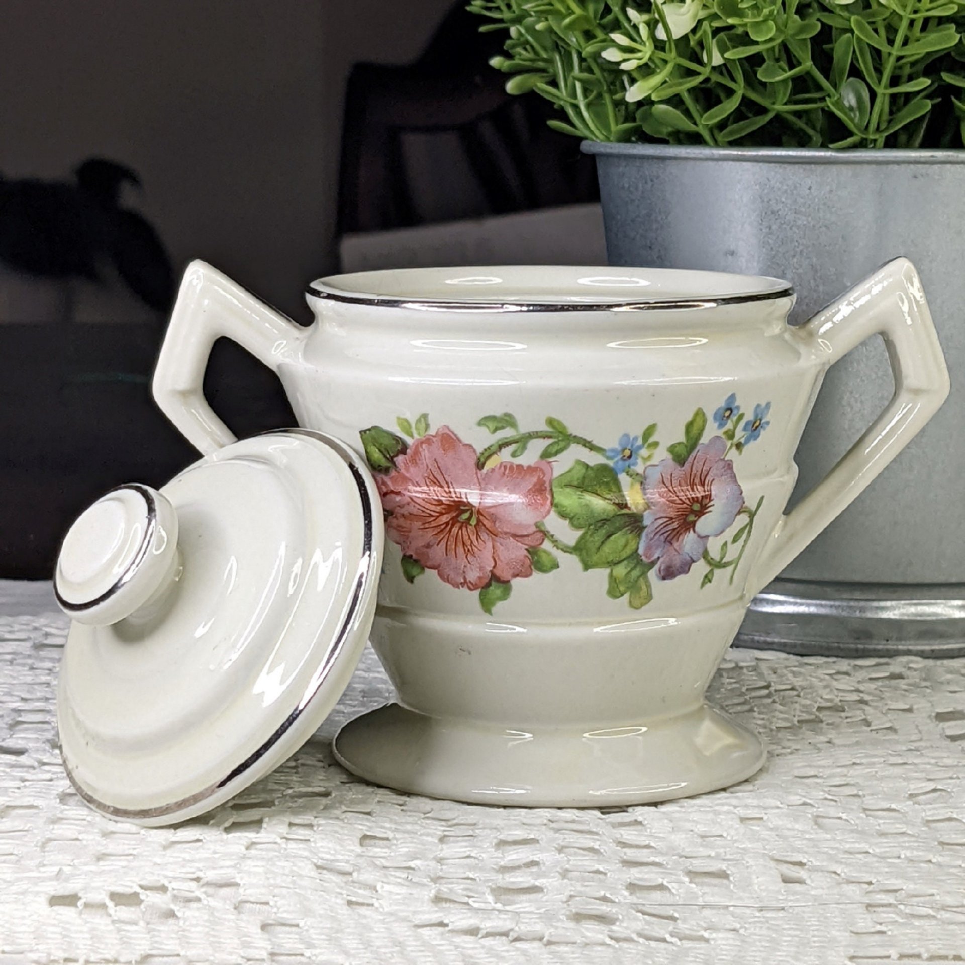 Hall's Superior Kitchenware Quality Pink Petunia Sugar & Creamer