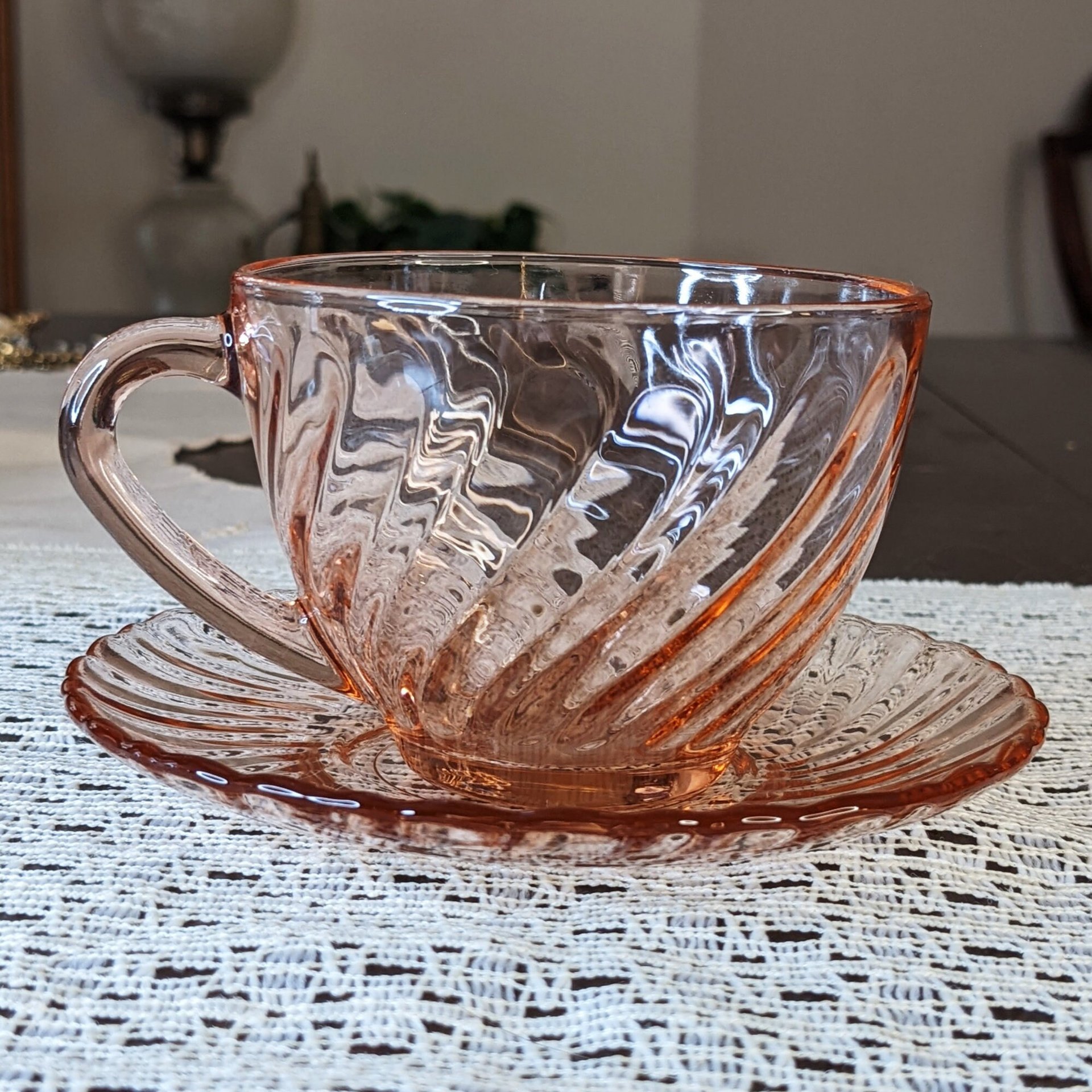 Arcoroc of France Rosaline Pink Swirl Tea Cups and Saucers, Set of 2