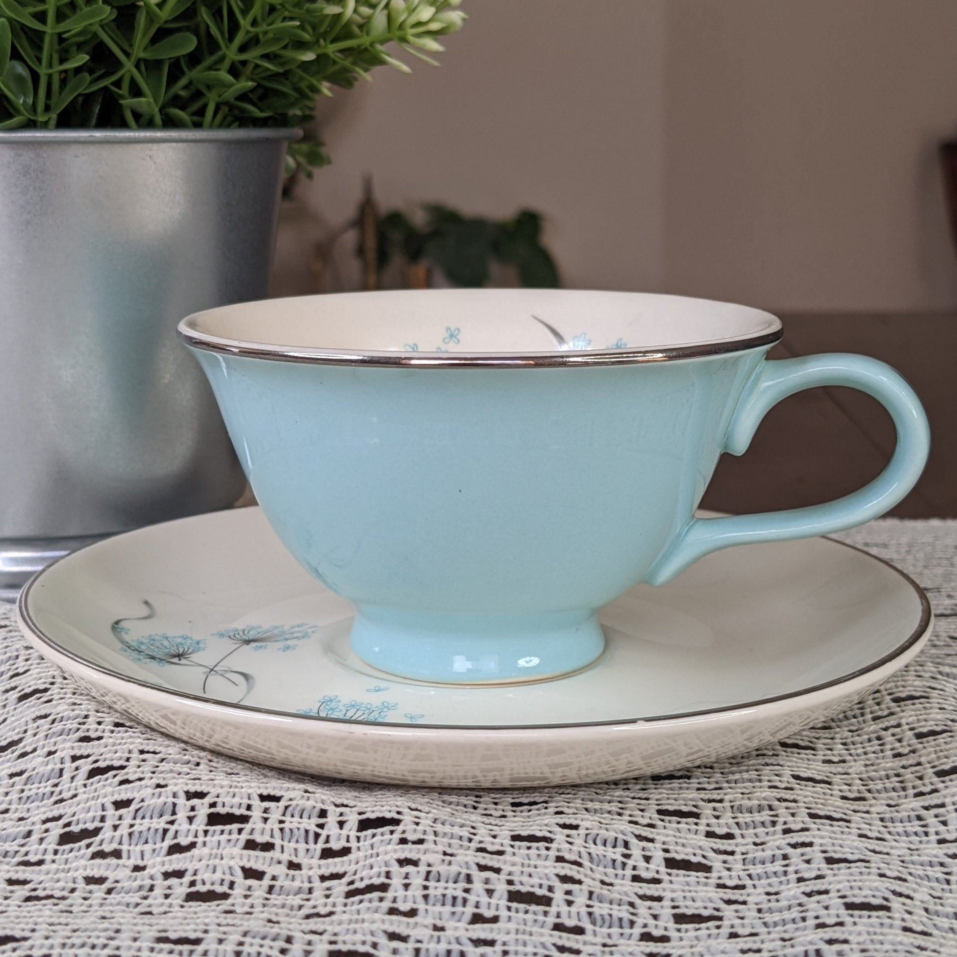 Vintage 1958 Taylor Smith Blue Dandelion Cup and Saucer Set