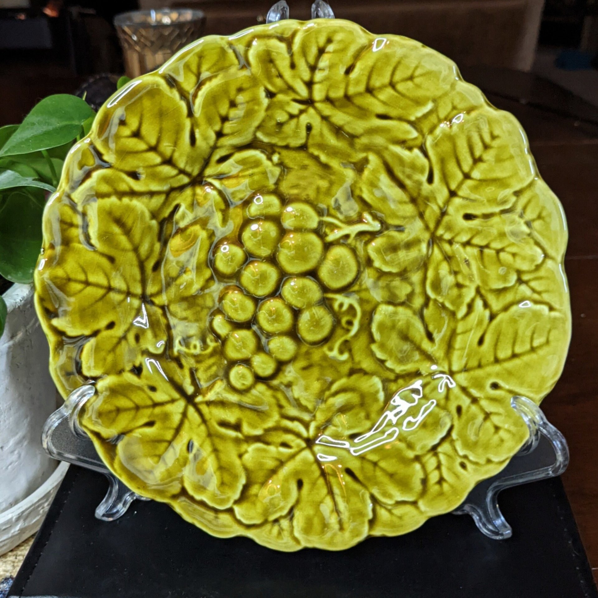 3 Sarrguemines Majolica Green Embossed Fruit Plates 7.5"