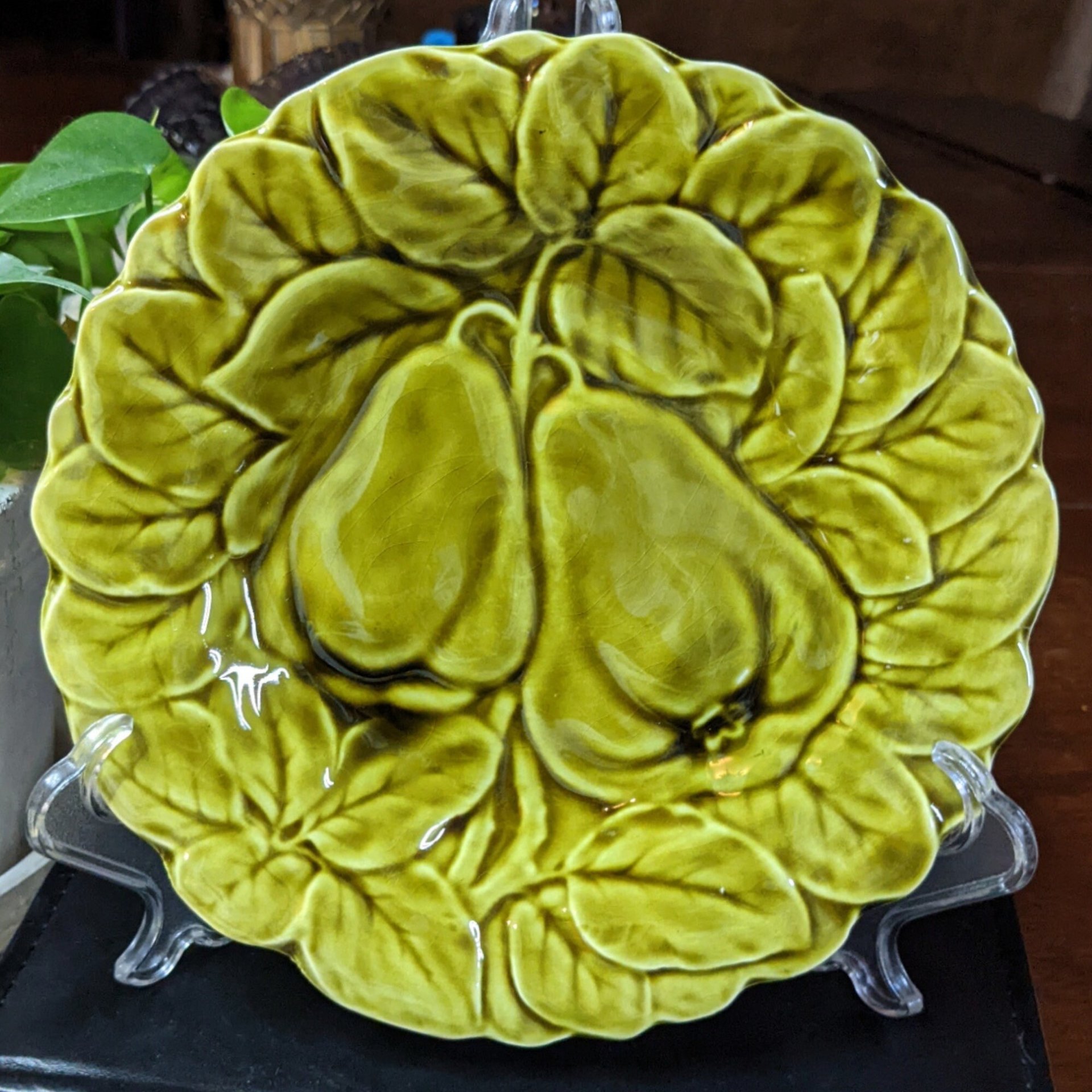 3 Sarrguemines Majolica Green Embossed Fruit Plates 7.5"