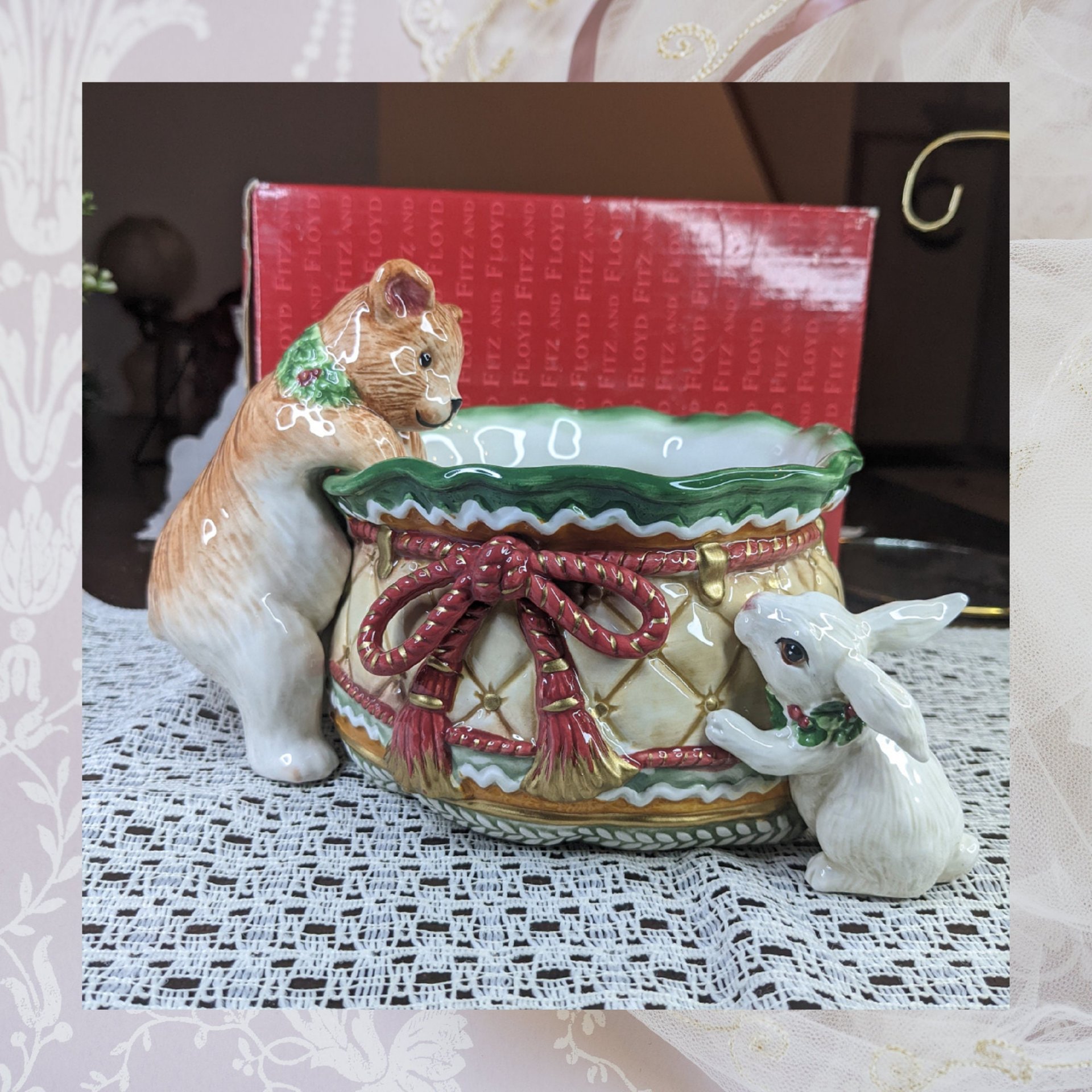 Fitz and Floyd Winter Holiday Santa Bear & Bunny Tidbit Dish Bowl