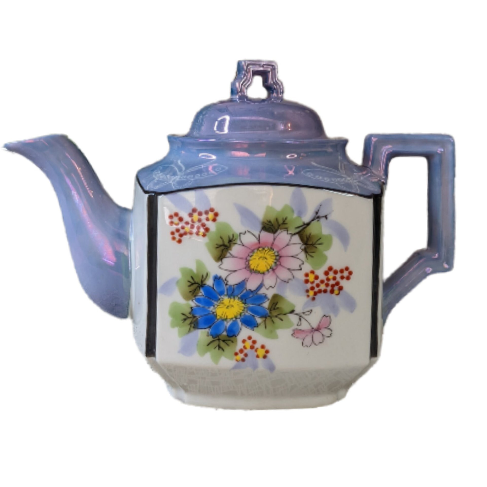 Vintage Teapot Lusterware Blue with  Flowers - Made in Japan - Imperfect