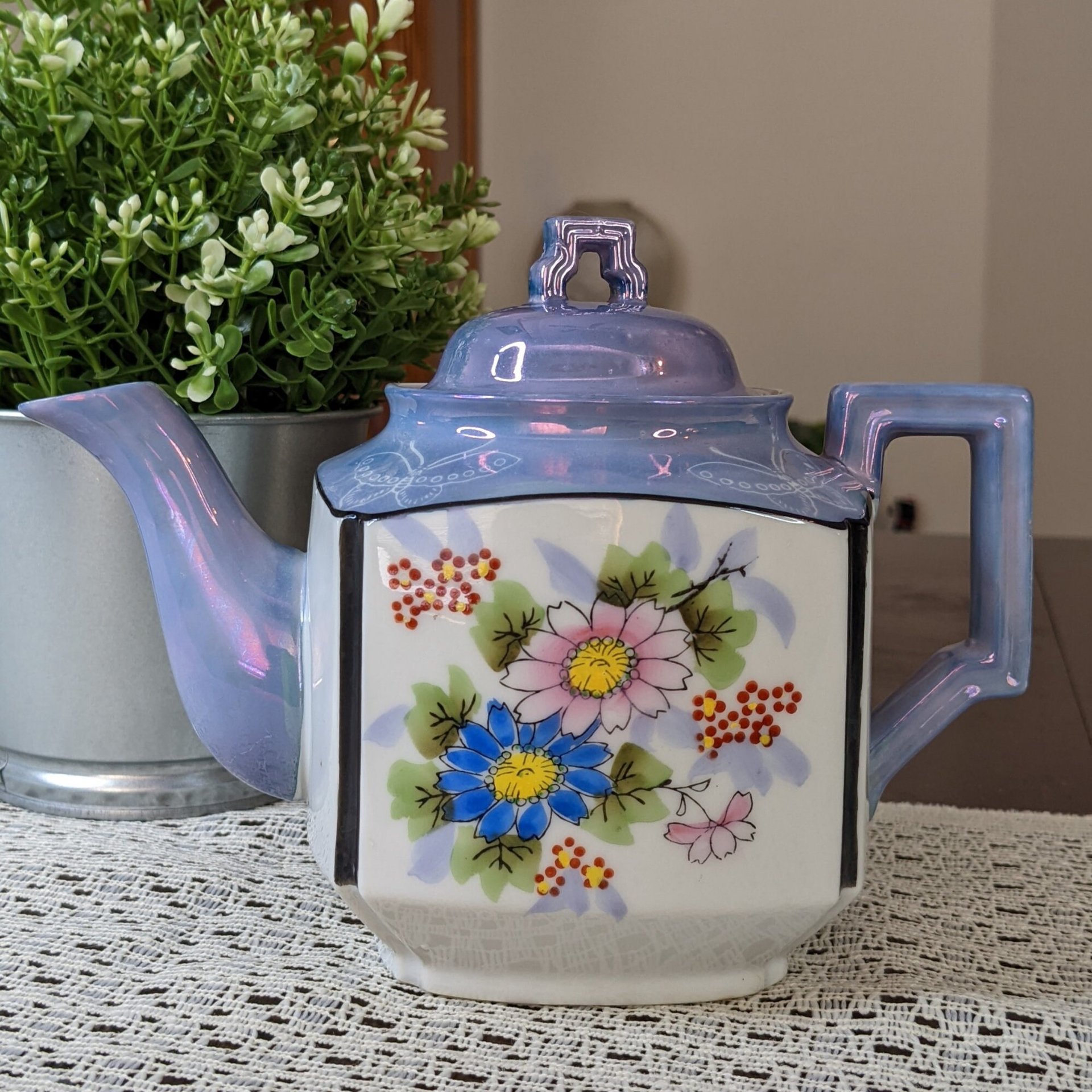 Vintage Teapot Lusterware Blue with  Flowers - Made in Japan - Imperfect