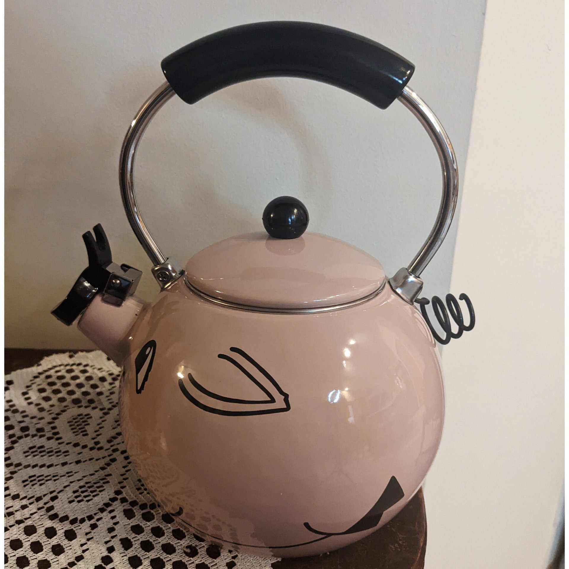 Vintage Kamenstein Pink Pig Whistling Teapot Enamel Whimsical Tea Kettle
