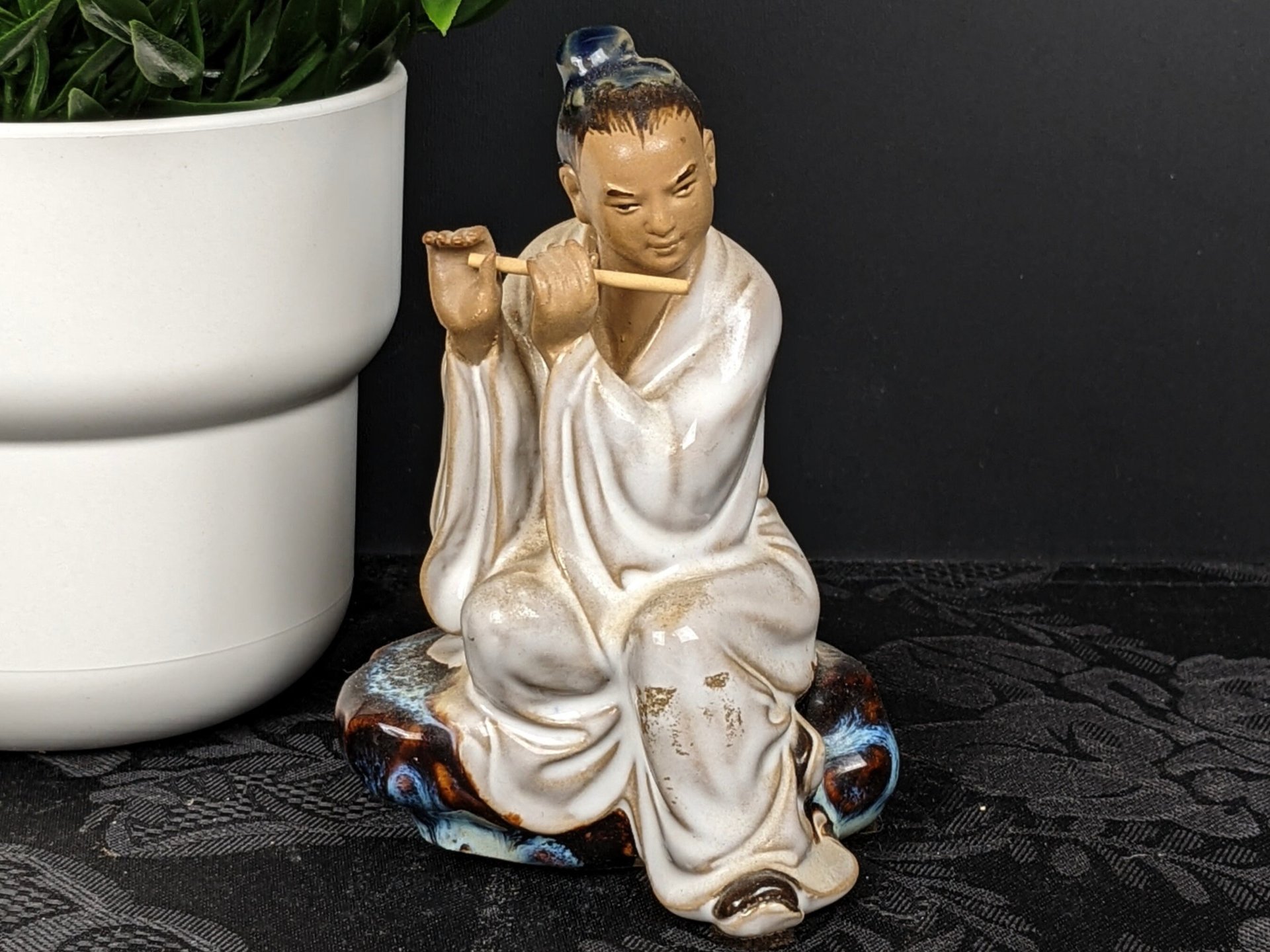 Vintage Chinese Shiwan Scholar Playing Flute Figurine