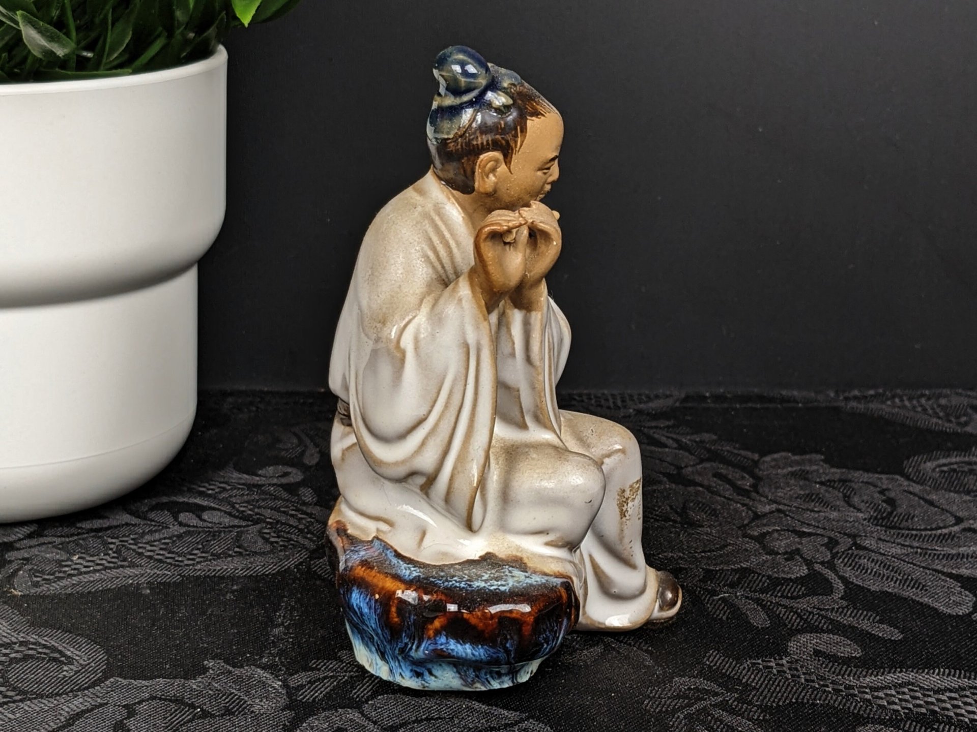 Vintage Chinese Shiwan Scholar Playing Flute Figurine