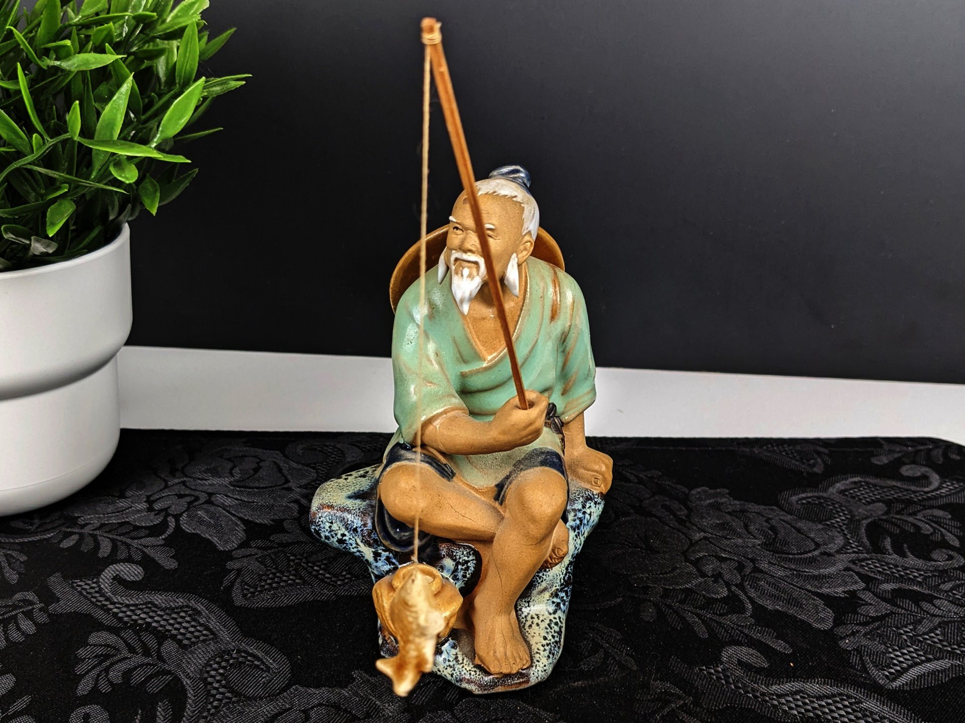 Vintage Chinese Shiwan Mudman with Fish and Pole, Green Shirt IMPERFECT