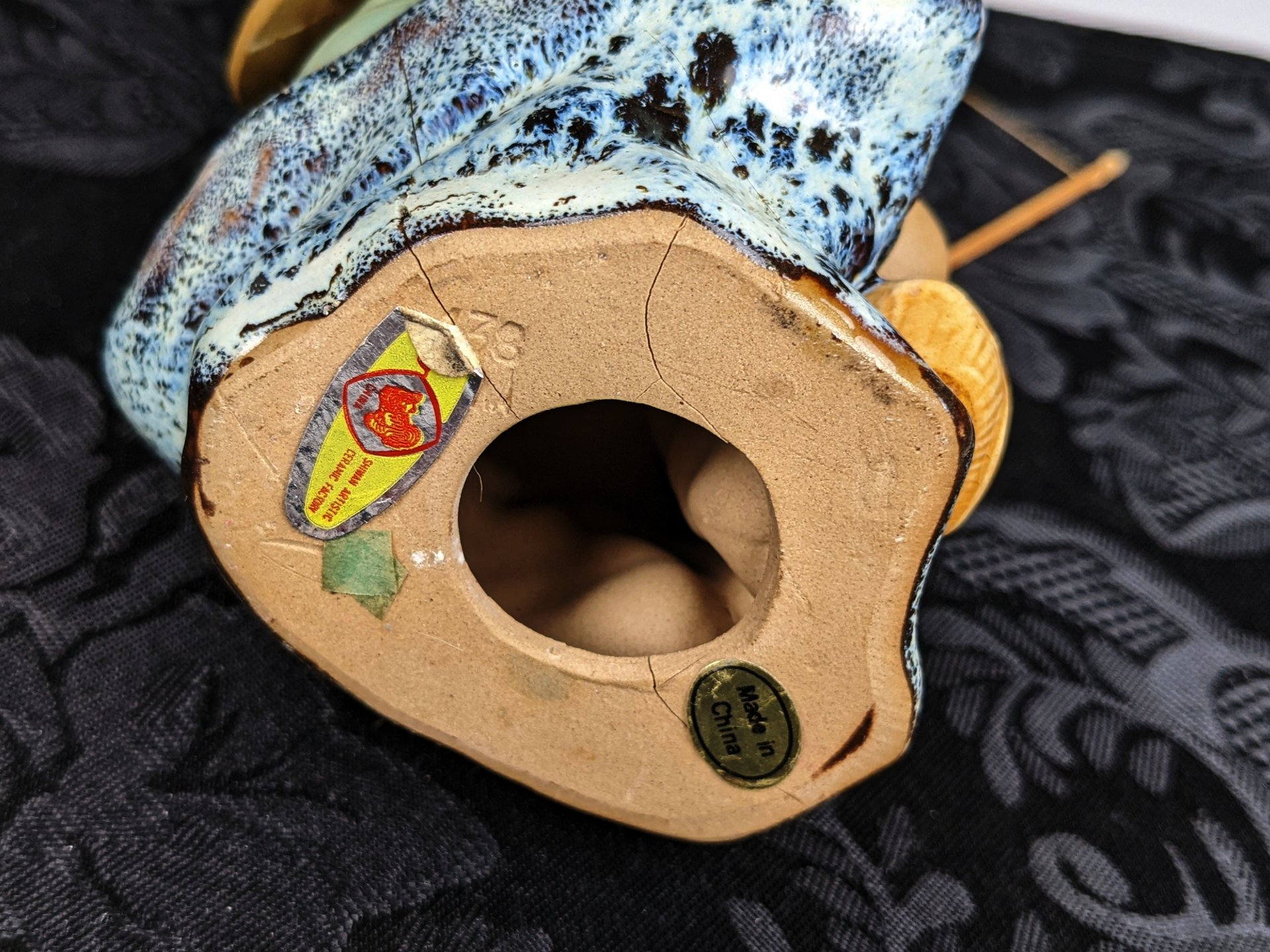 Vintage Chinese Shiwan Mudman with Fish and Pole, Green Shirt IMPERFECT