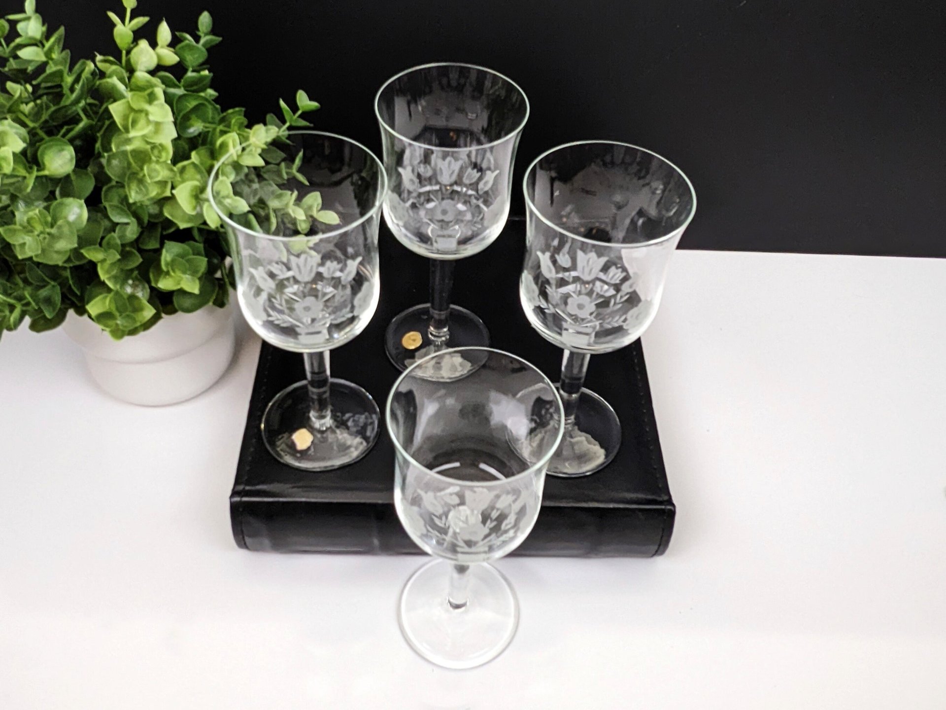 Set of 4 Vintage Etched Wine Glasses Made in Holland