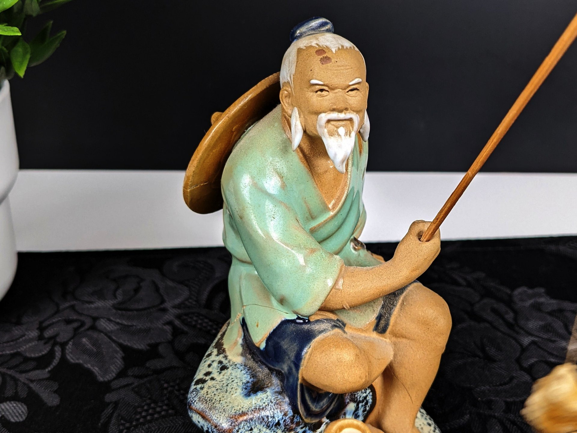 Vintage Chinese Shiwan Mudman with Fish and Pole, Green Shirt IMPERFECT