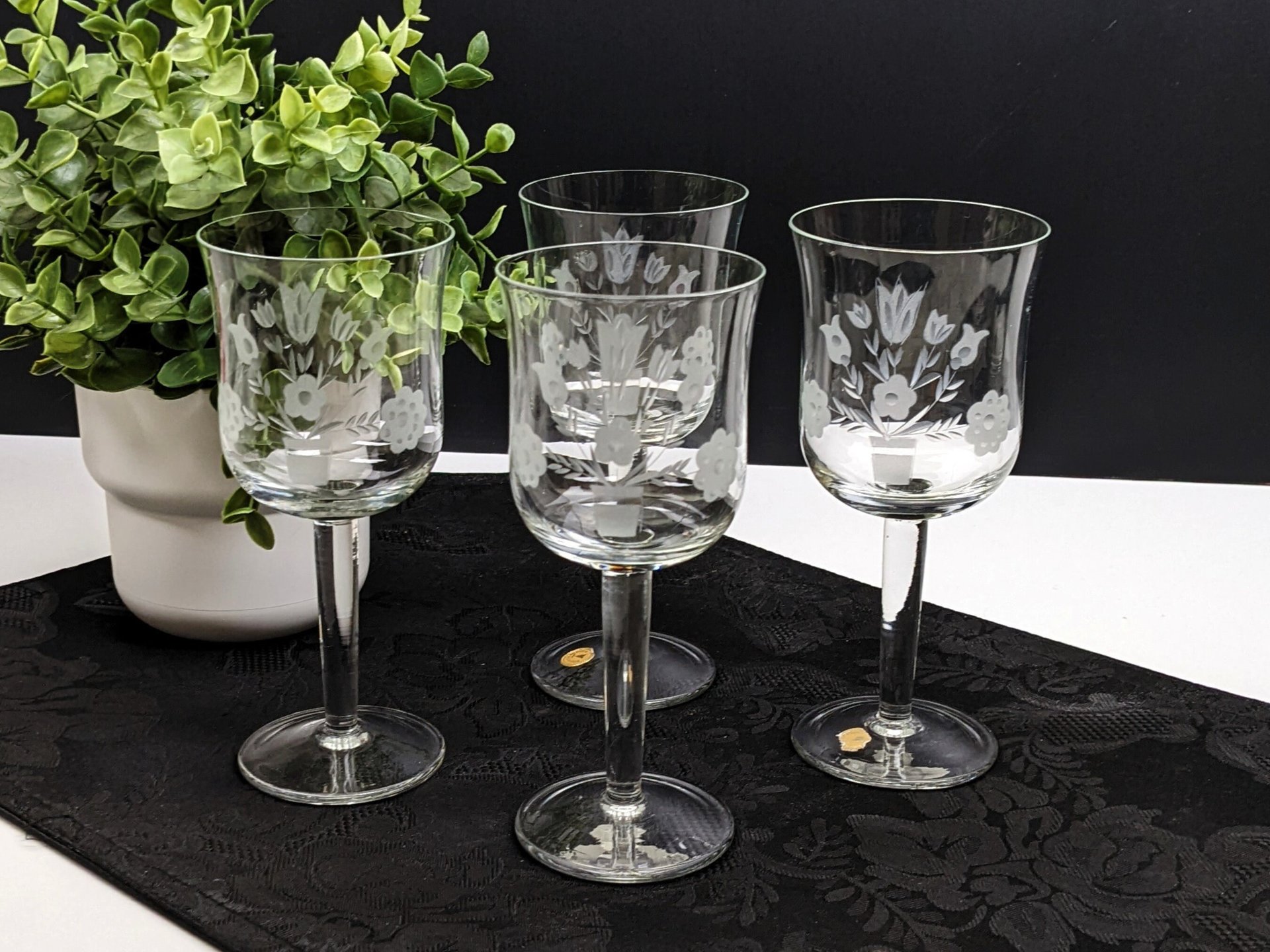 Set of 4 Vintage Etched Wine Glasses Made in Holland