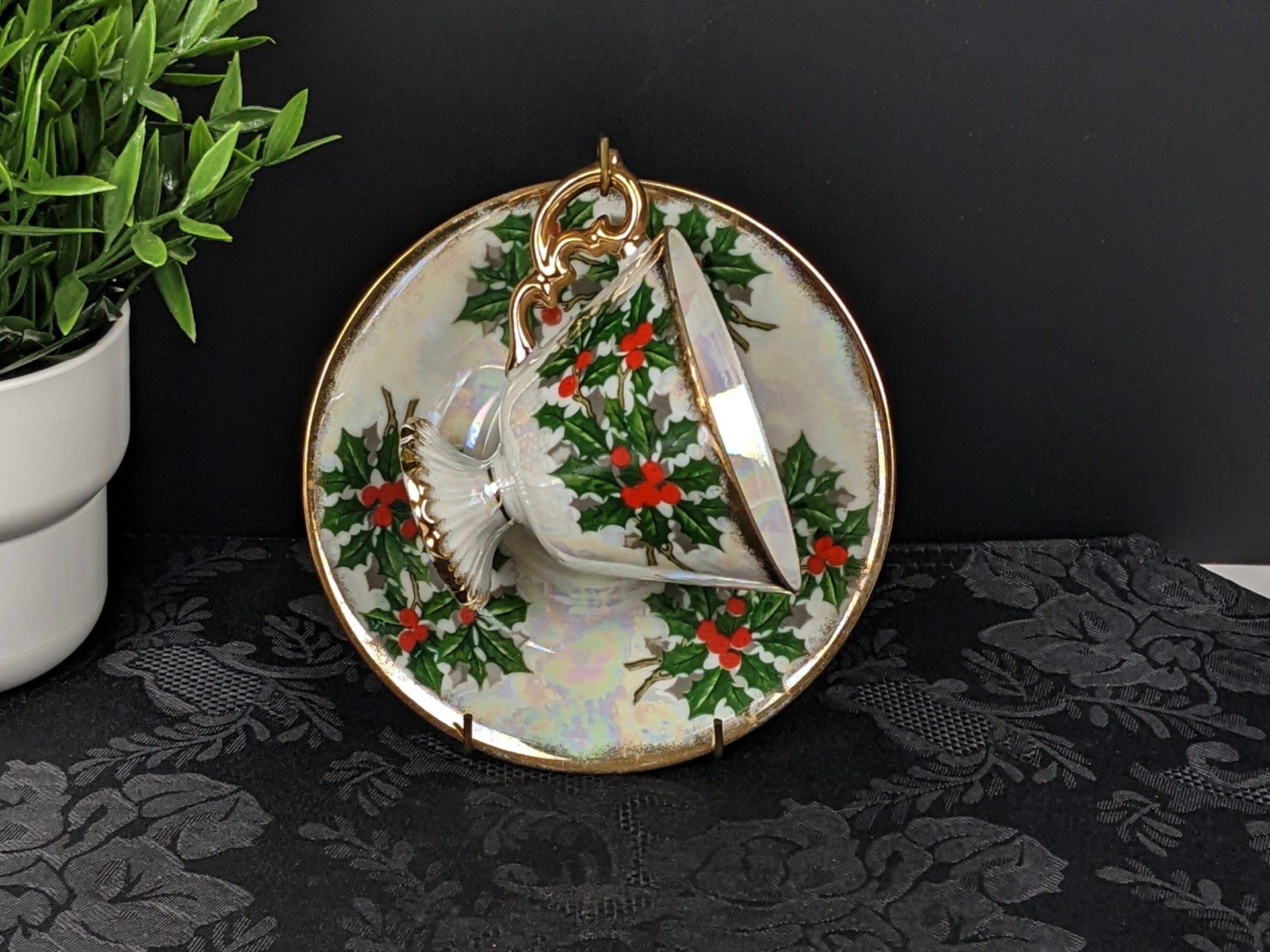 Vintage Ucago December Holly Tea Cup and Saucer Set