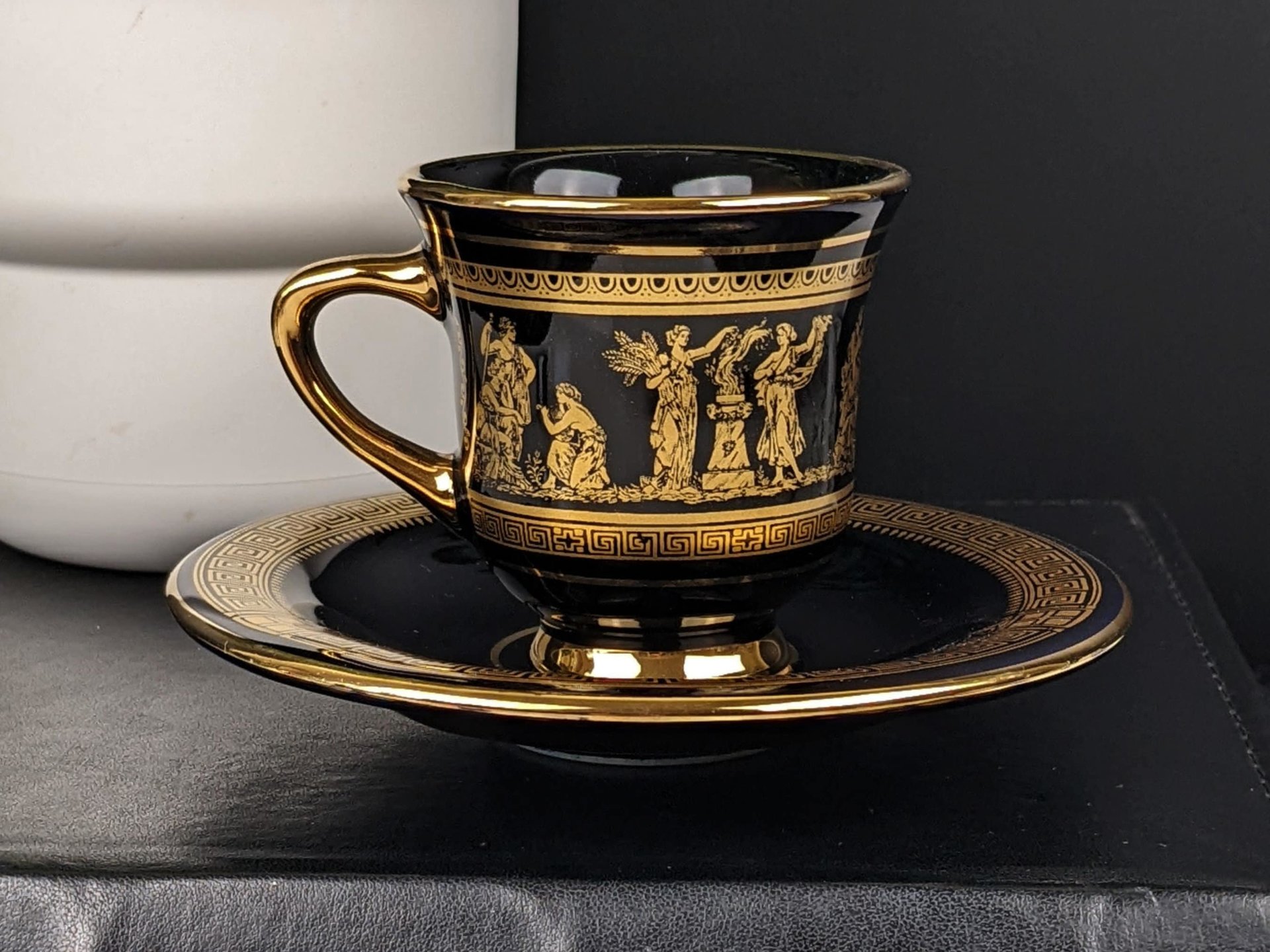 Vintage I. Spyropoulos Black and Gold Demitasse Cup and Saucer Set, Hand Painted in Greece
