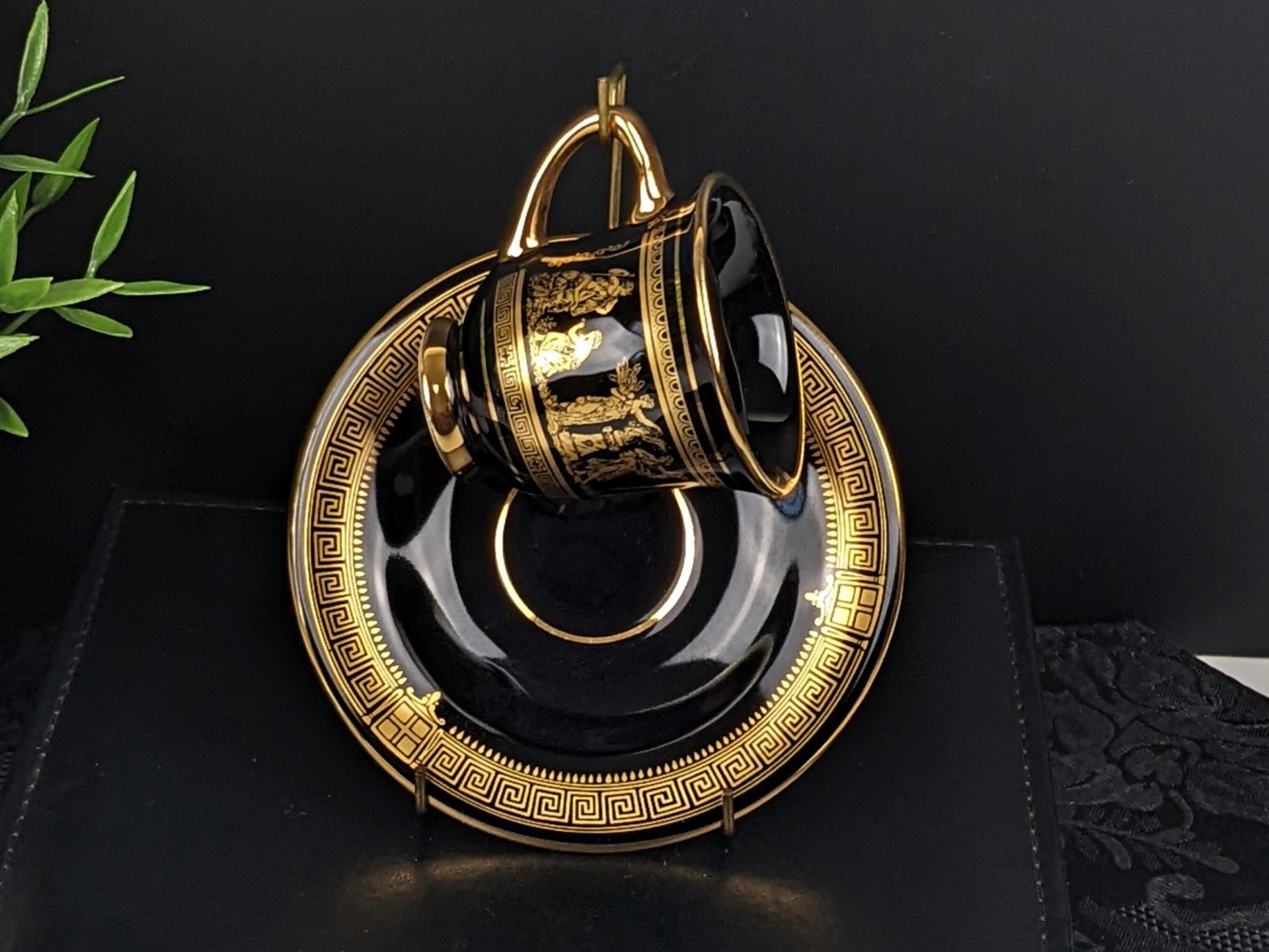 Vintage I. Spyropoulos Black and Gold Demitasse Cup and Saucer Set, Hand Painted in Greece