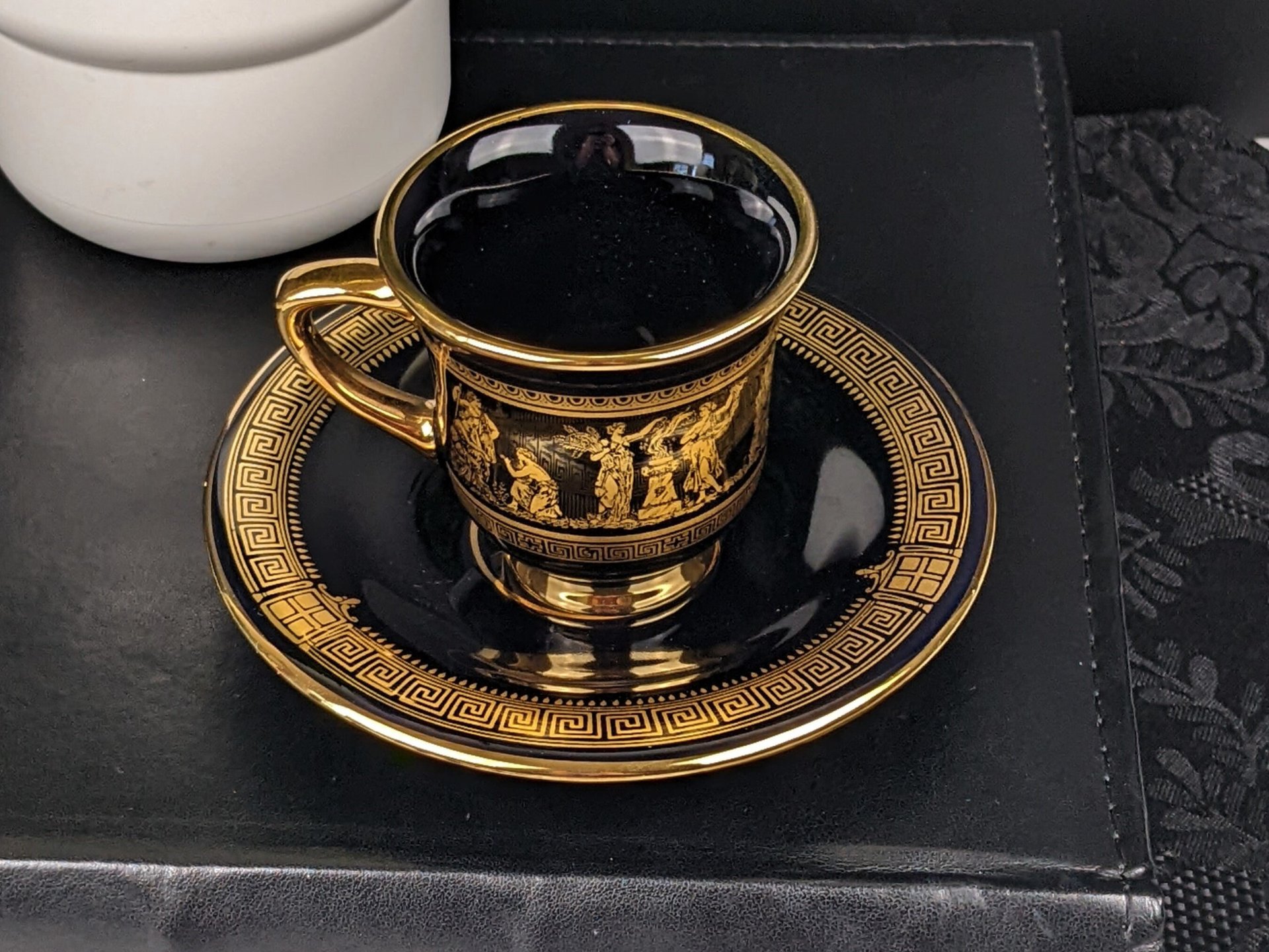 Vintage I. Spyropoulos Black and Gold Demitasse Cup and Saucer Set, Hand Painted in Greece