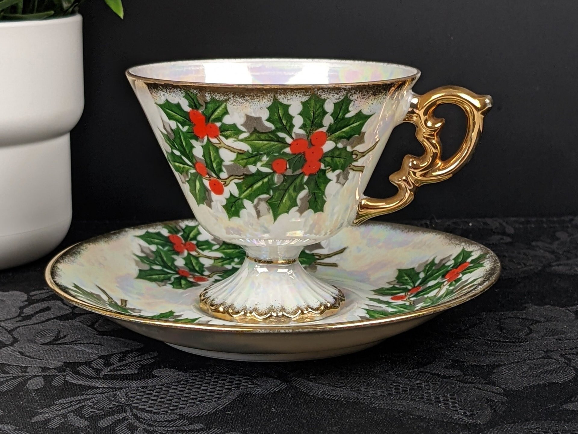 Vintage Ucago December Holly Tea Cup and Saucer Set