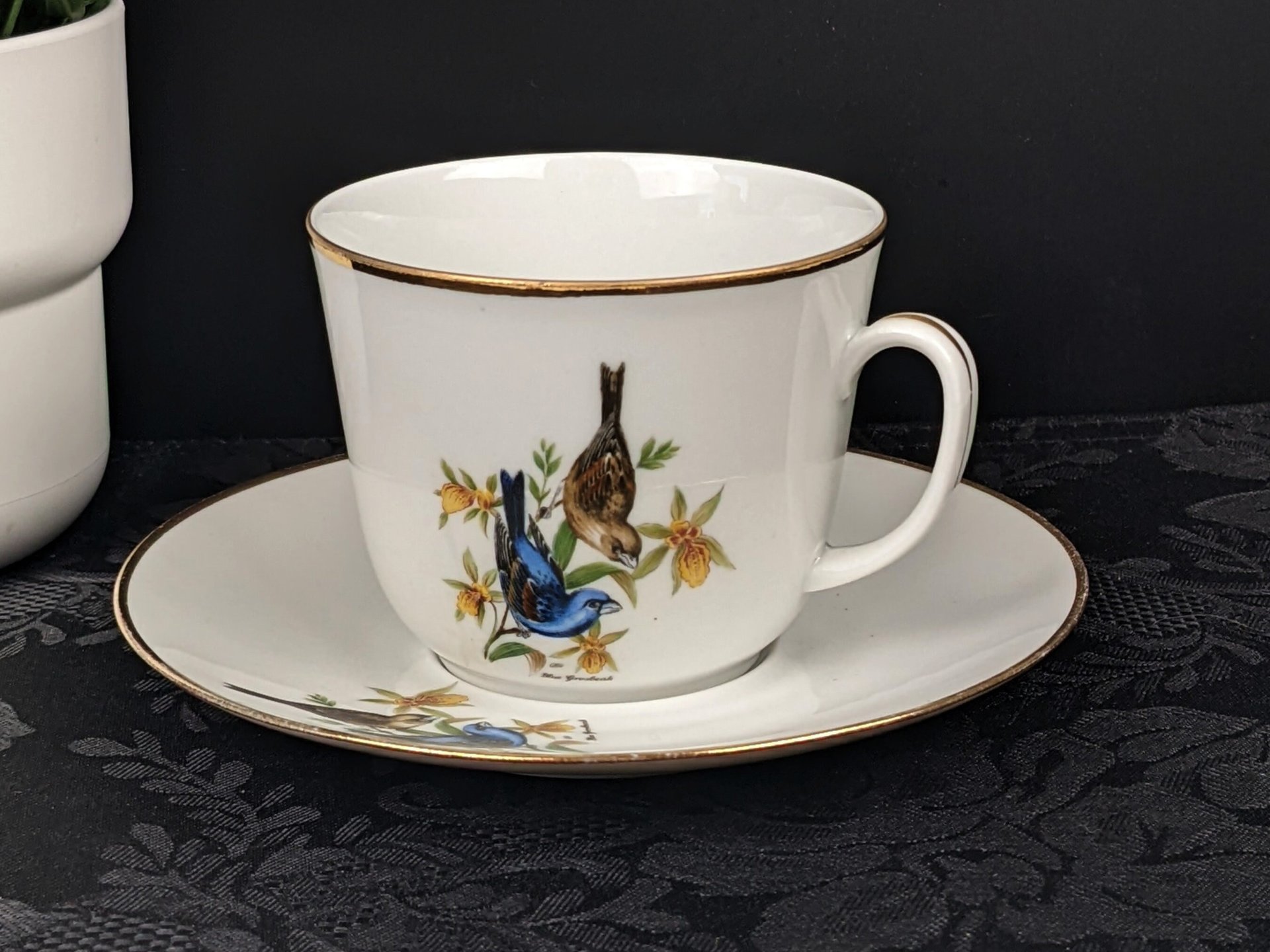 Vintage Bereuther Waldsassen Tea Cup and Saucer with Blue Grosbeck Design