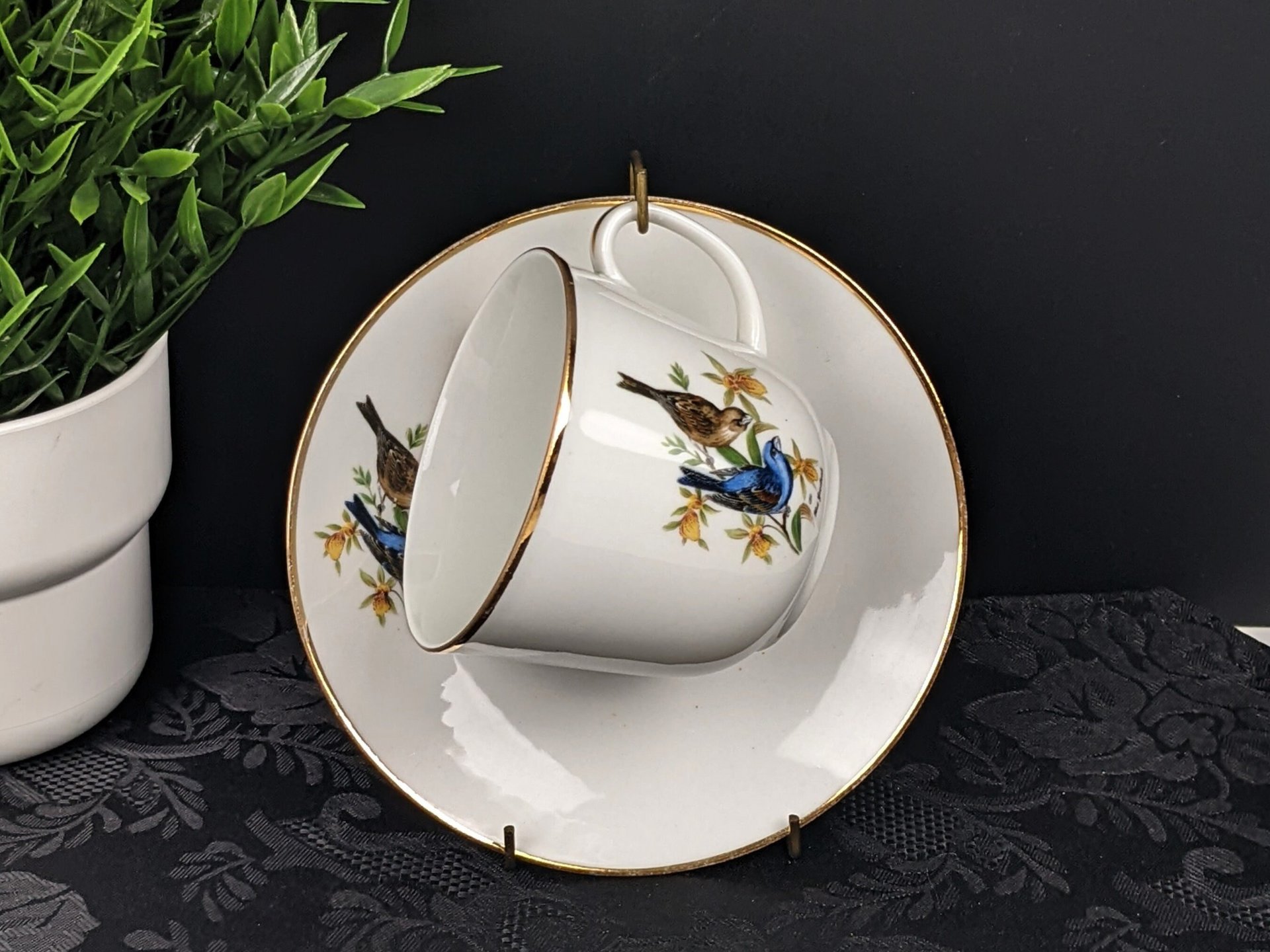 Vintage Bereuther Waldsassen Tea Cup and Saucer with Blue Grosbeck Design