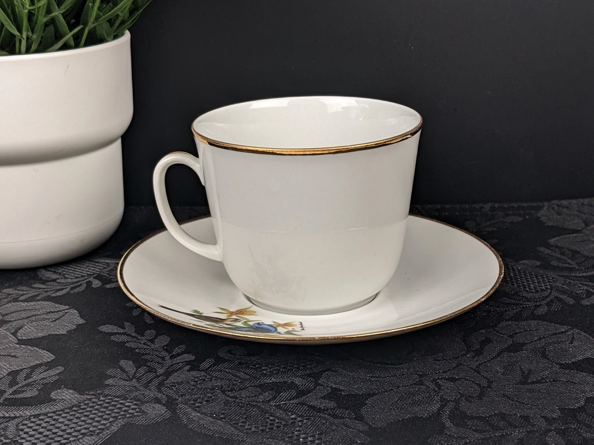 Vintage Bereuther Waldsassen Tea Cup and Saucer with Blue Grosbeck Design