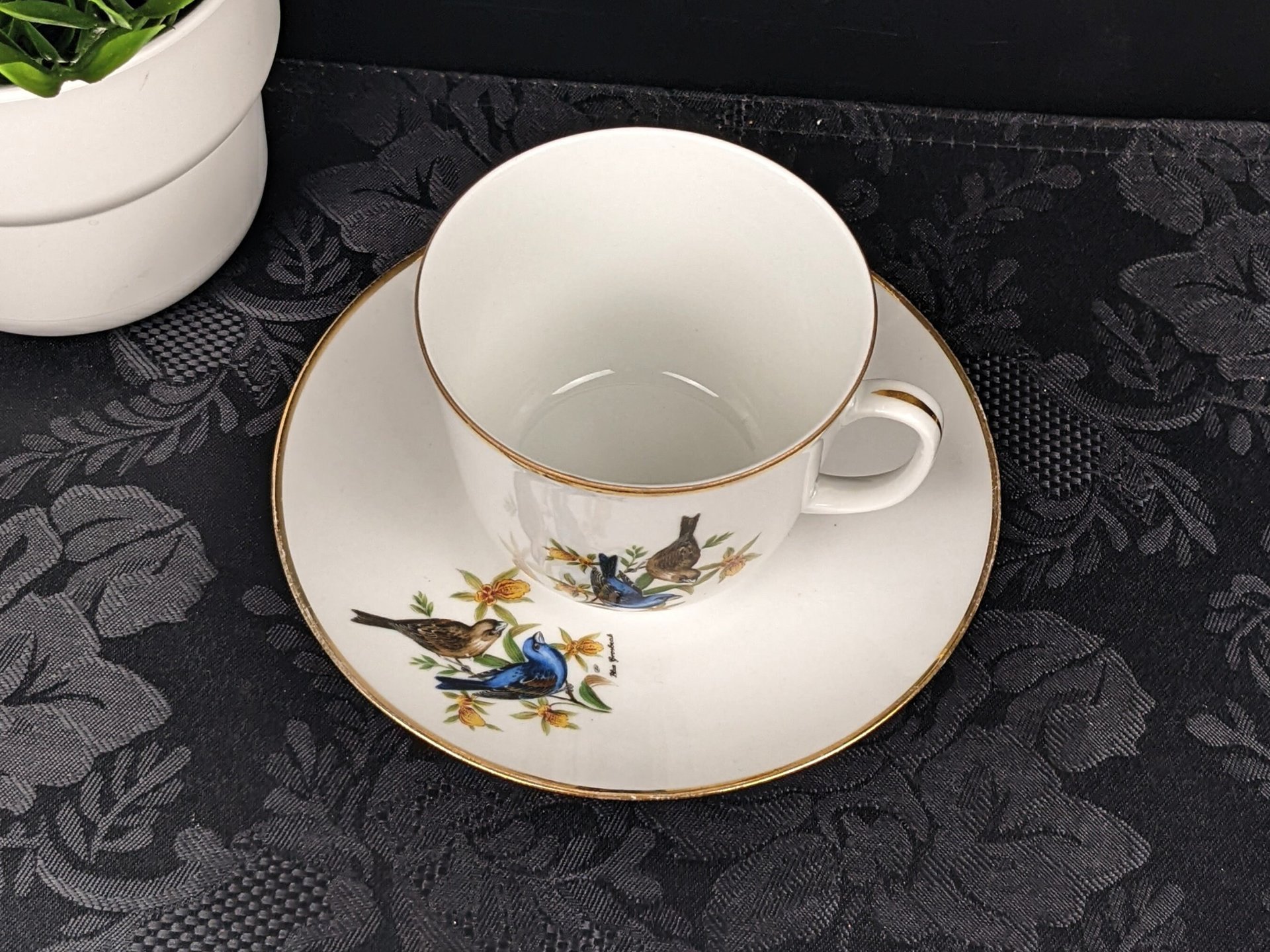 Vintage Bereuther Waldsassen Tea Cup and Saucer with Blue Grosbeck Design