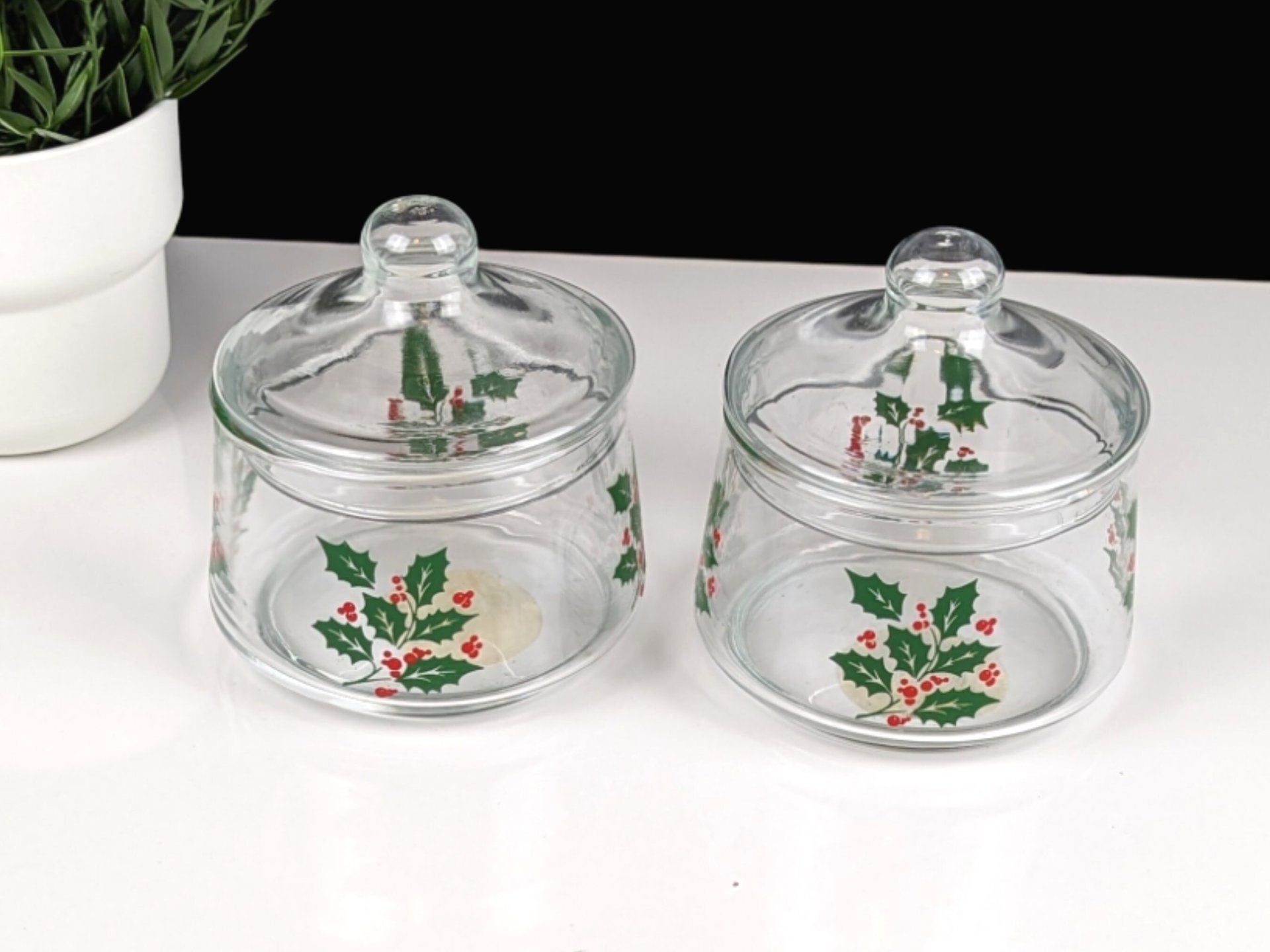 Pair of Vintage Indiana Glass Snack Jar Holly Covered Candy Jars
