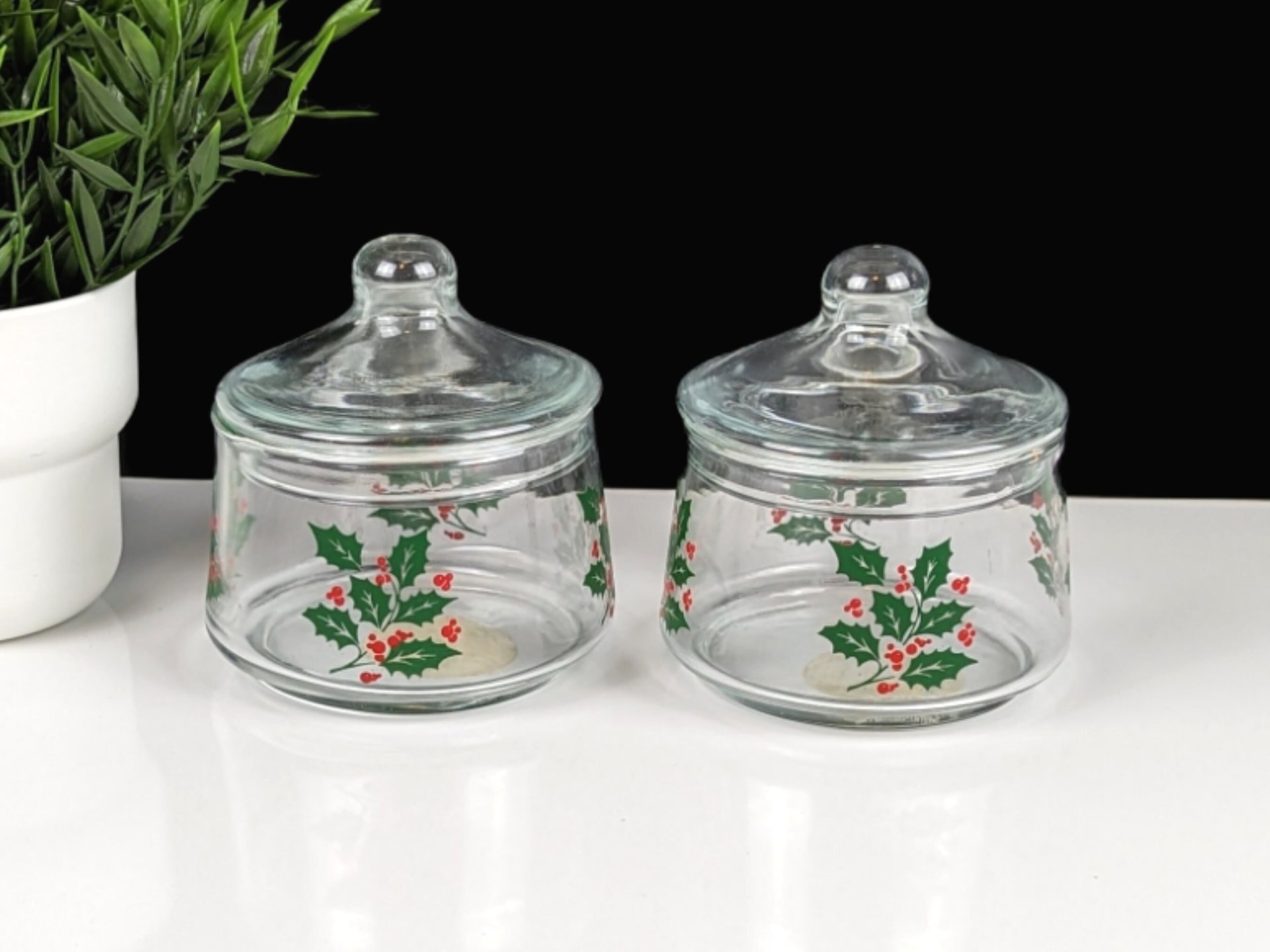 Pair of Vintage Indiana Glass Snack Jar Holly Covered Candy Jars
