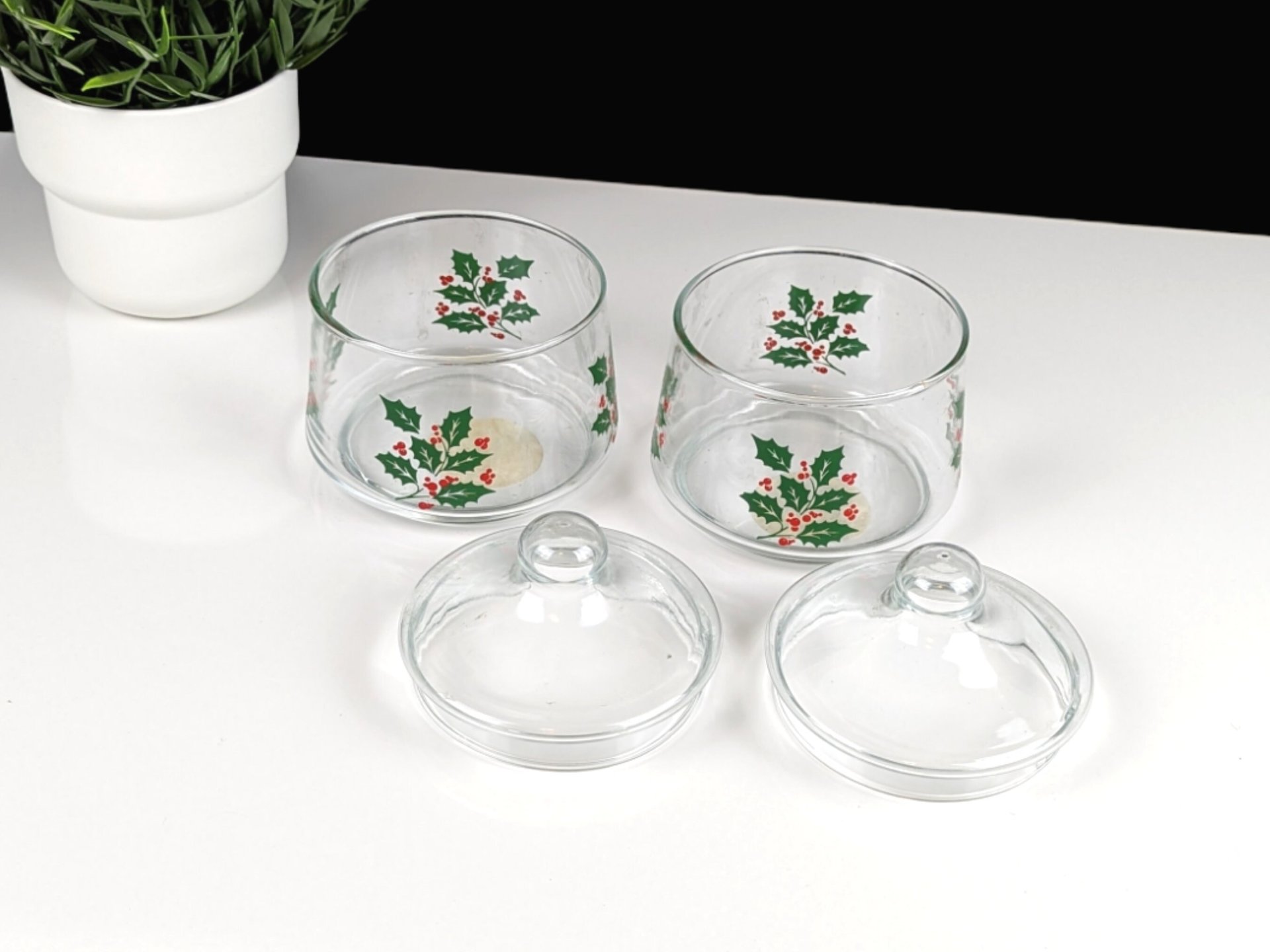 Pair of Vintage Indiana Glass Snack Jar Holly Covered Candy Jars